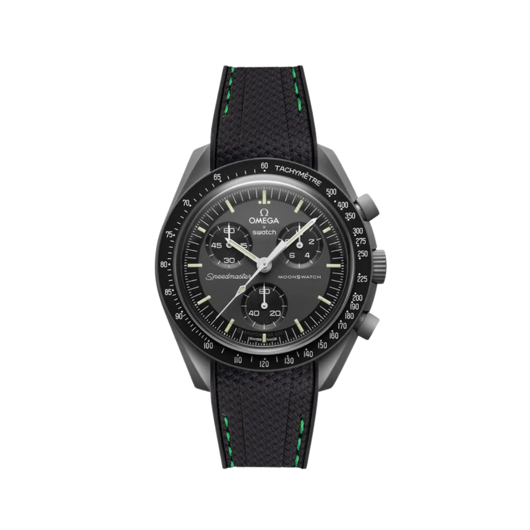 Textured Curved End Premium Silicone Strap - Compatible with Omega x Swatch - Black with Green Stitch (2405) - Skywatches