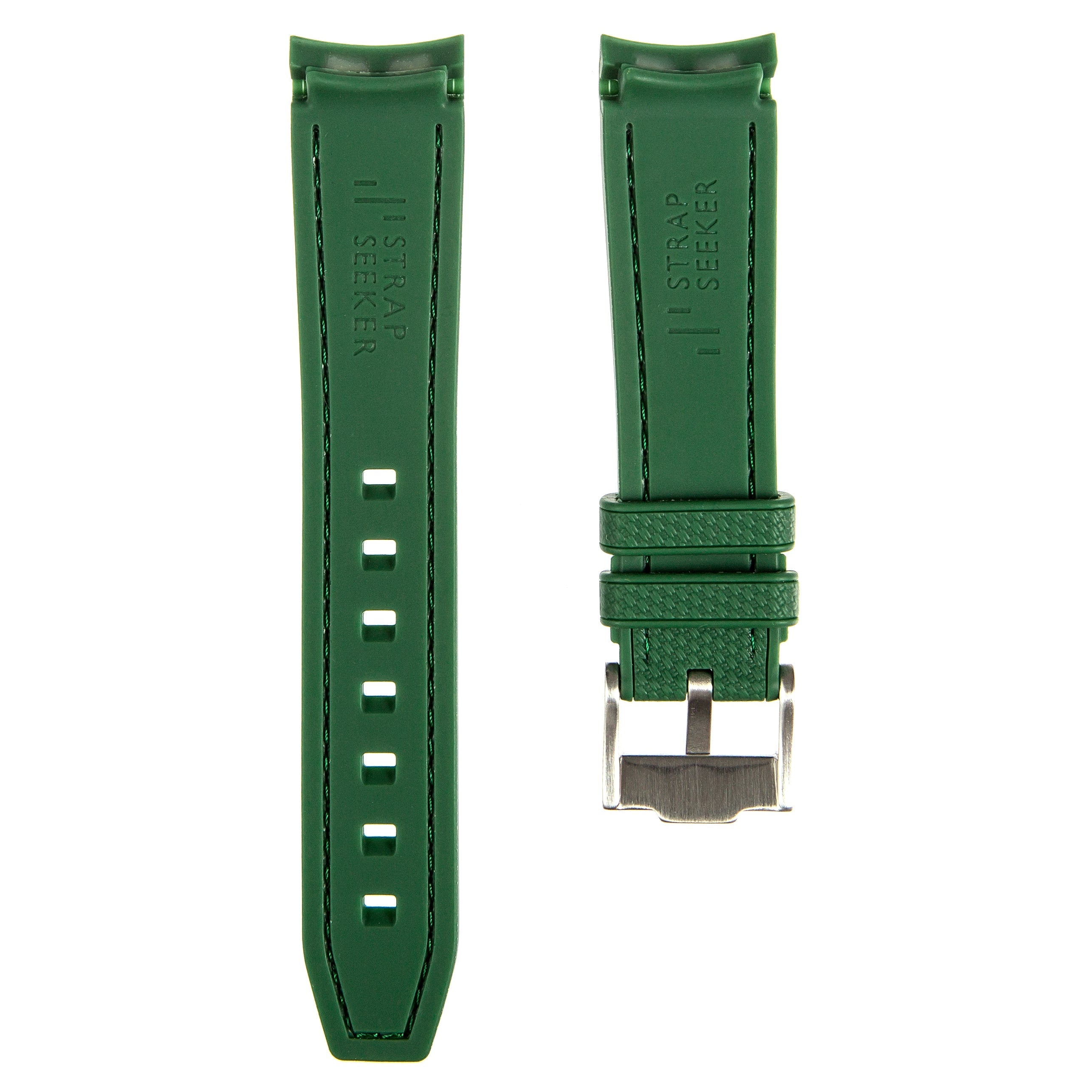 Textured Curved End Premium Silicone Strap - Compatible with Rolex Oyster Perpetual - Dark Green With White Stitch (2405)