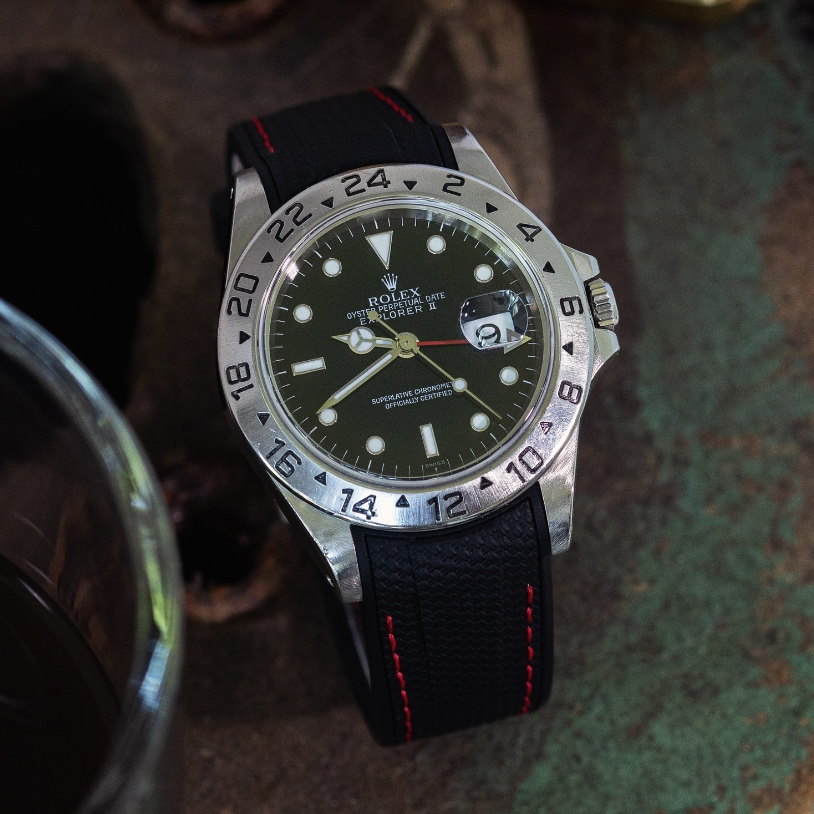 Textured Curved End Premium Silicone Strap - Compatible with Rolex Oyster Perpetual - Dark Green With White Stitch (2405)