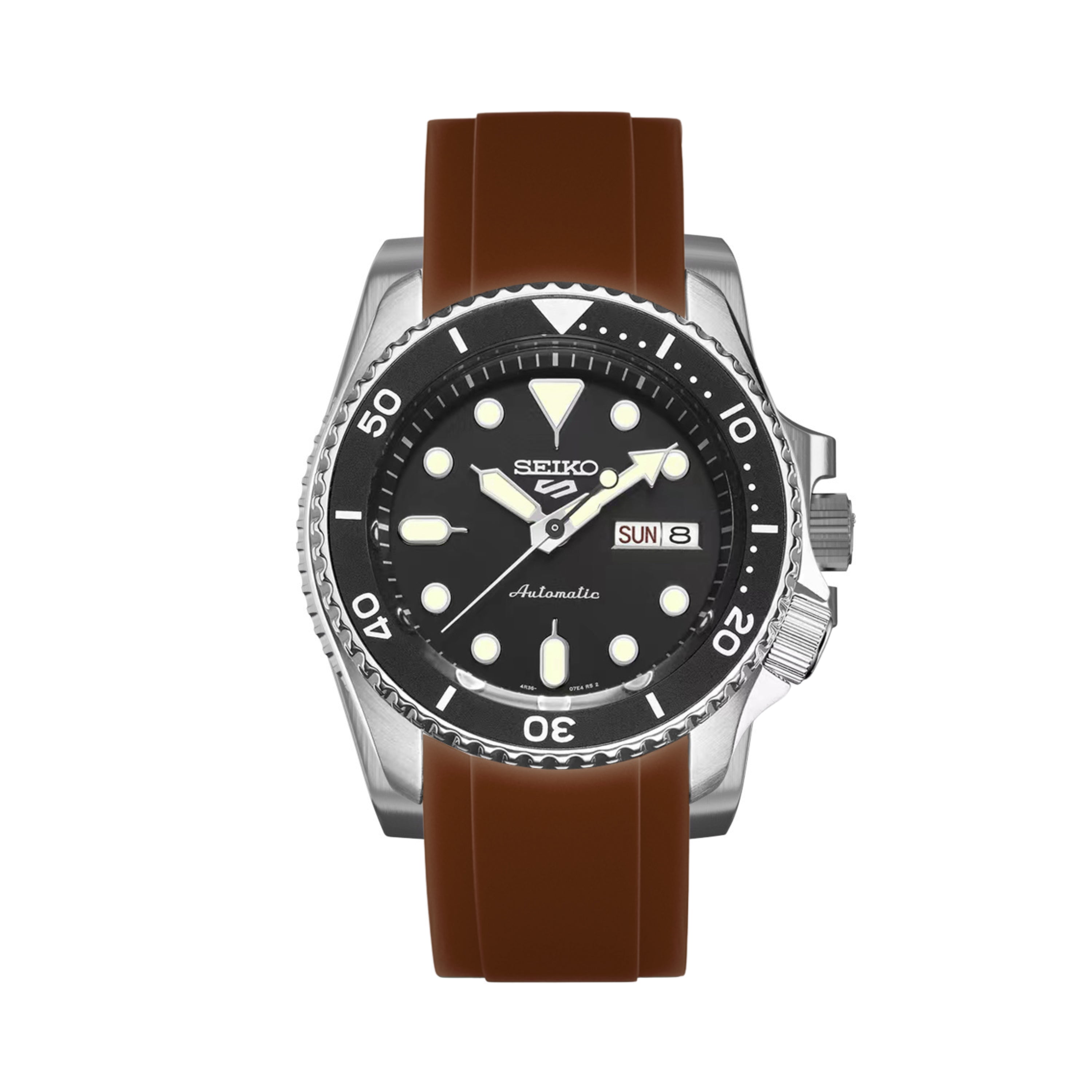 Curved End Soft Silicone Strap - Compatible with Seiko SKX - Brown (2418)