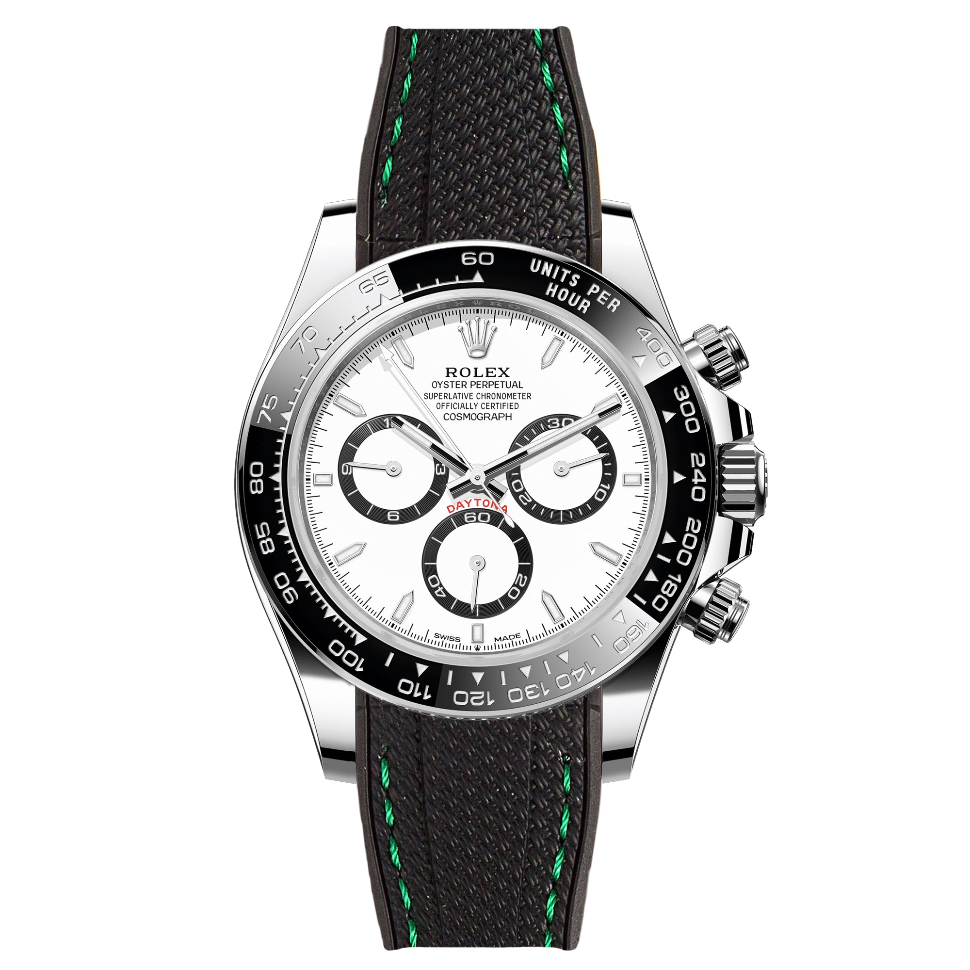 Textured Curved End Rubber Watch Strap For Rolex Daytona Cosmograph - Black with Green Stitch (2405)