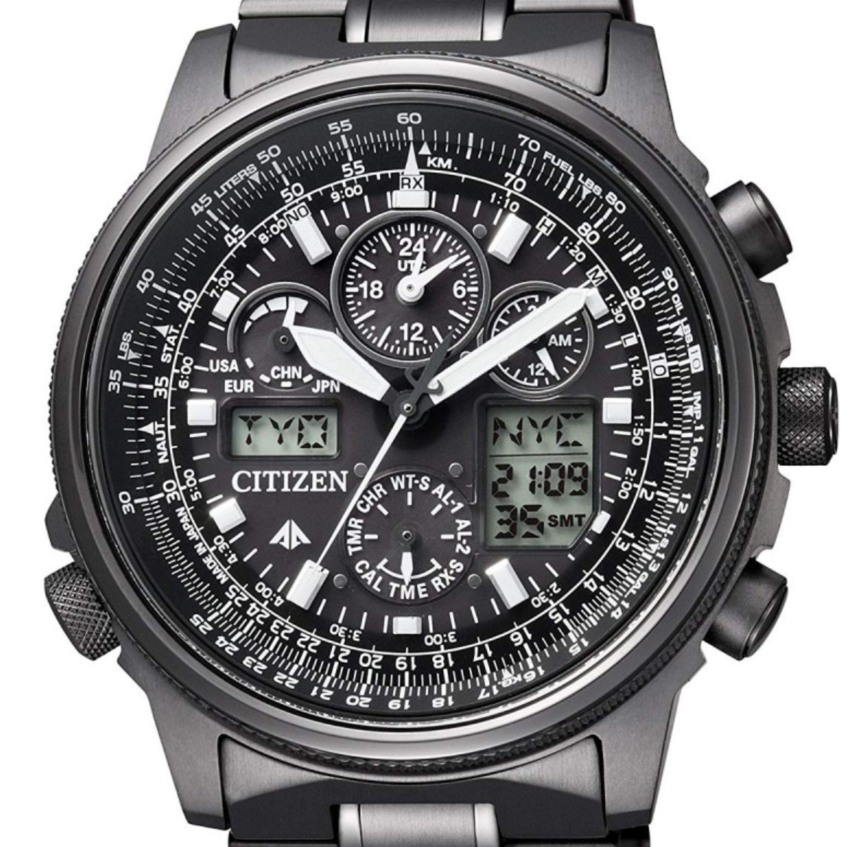 Citizen Promaster Sky Chronograph JY8025 JY8025-59E Black Dial LCD Eco-Drive Sports Watch