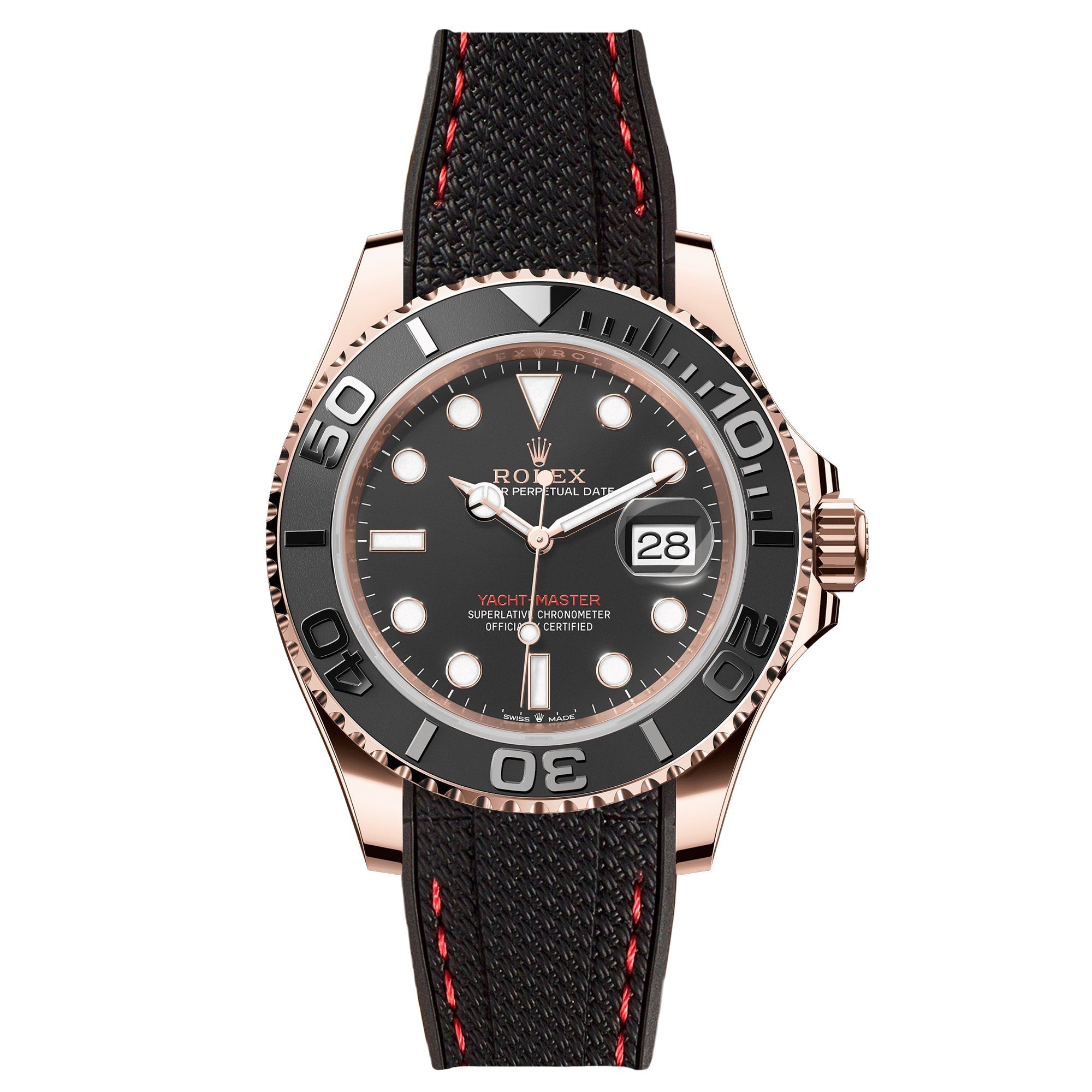 Textured Curved End Rubber Watch Strap For Rolex Yacht-Master - Black with Red Stitch (2405)