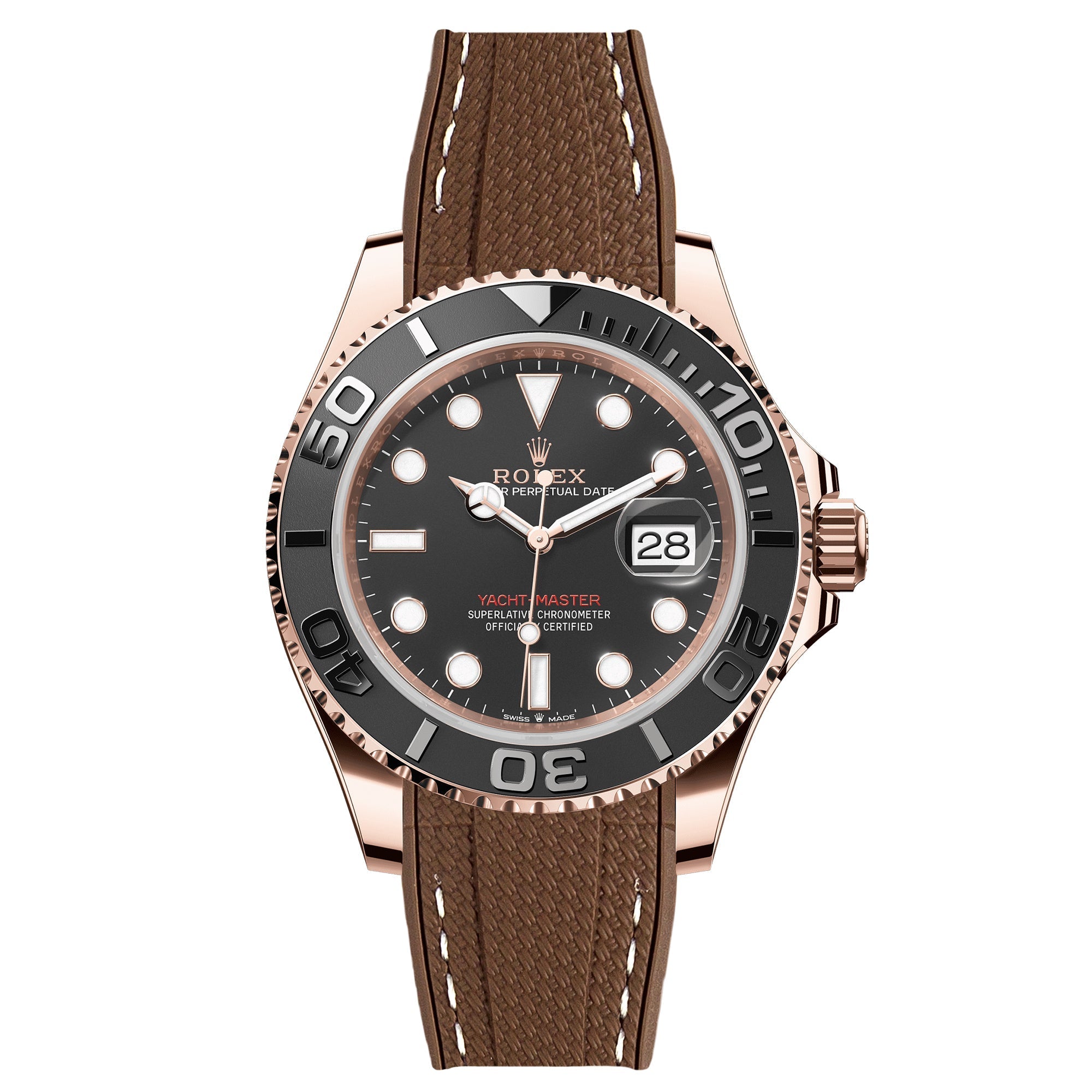 Textured Curved End Rubber Watch Strap For Rolex Yacht-Master - Brown with White Stitch (2405)