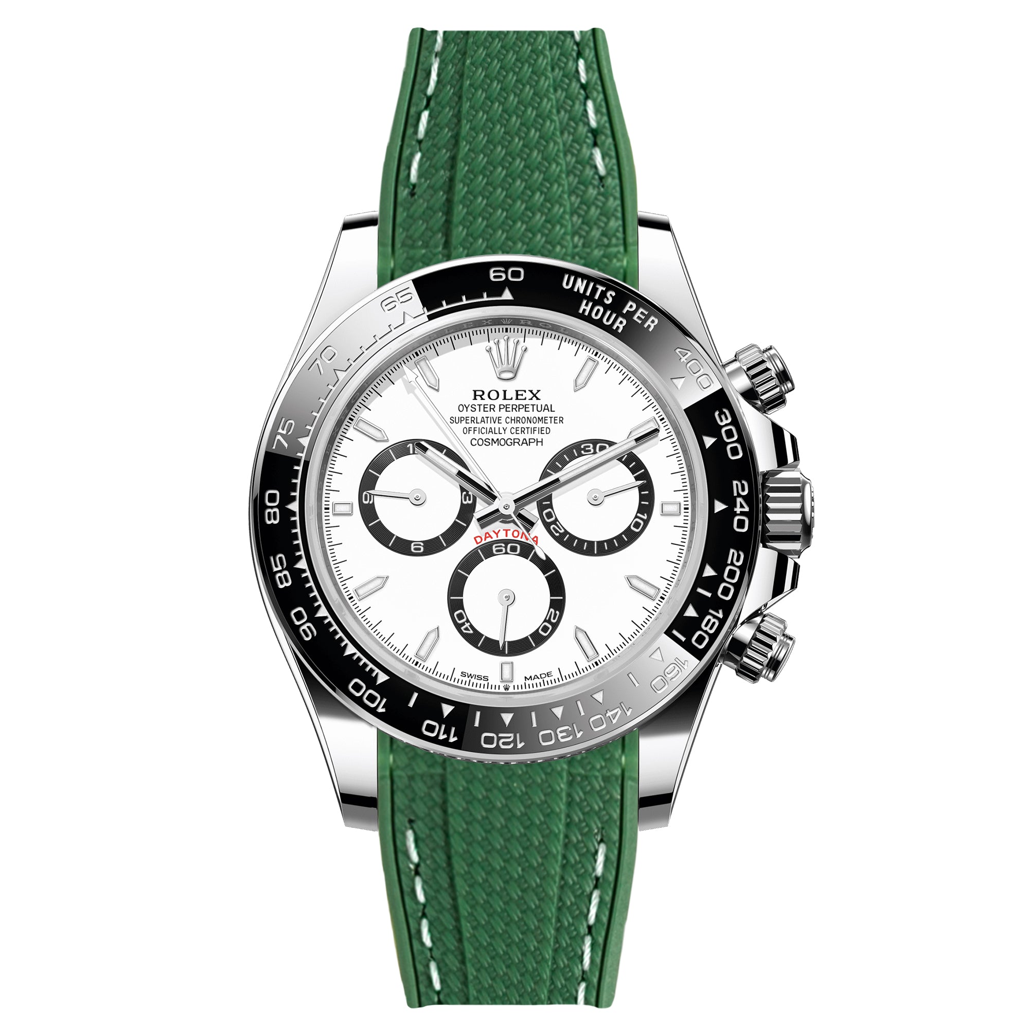 Textured Curved End Rubber Watch Strap For Rolex Daytona Cosmograph - Dark Green With White Stitch (2405)