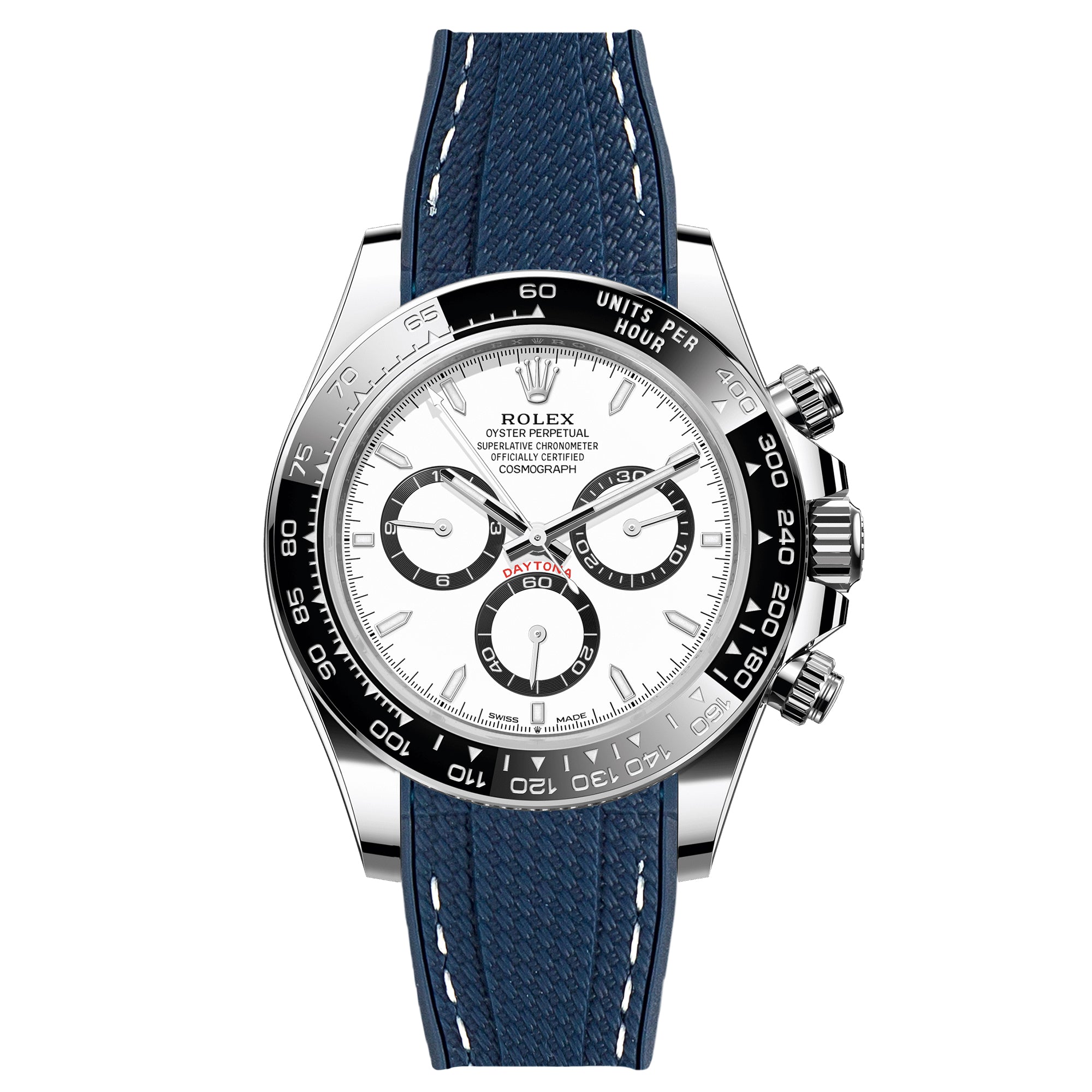 Textured Curved End Rubber Watch Strap For Rolex Daytona Cosmograph - Navy with White Stitch (2405)