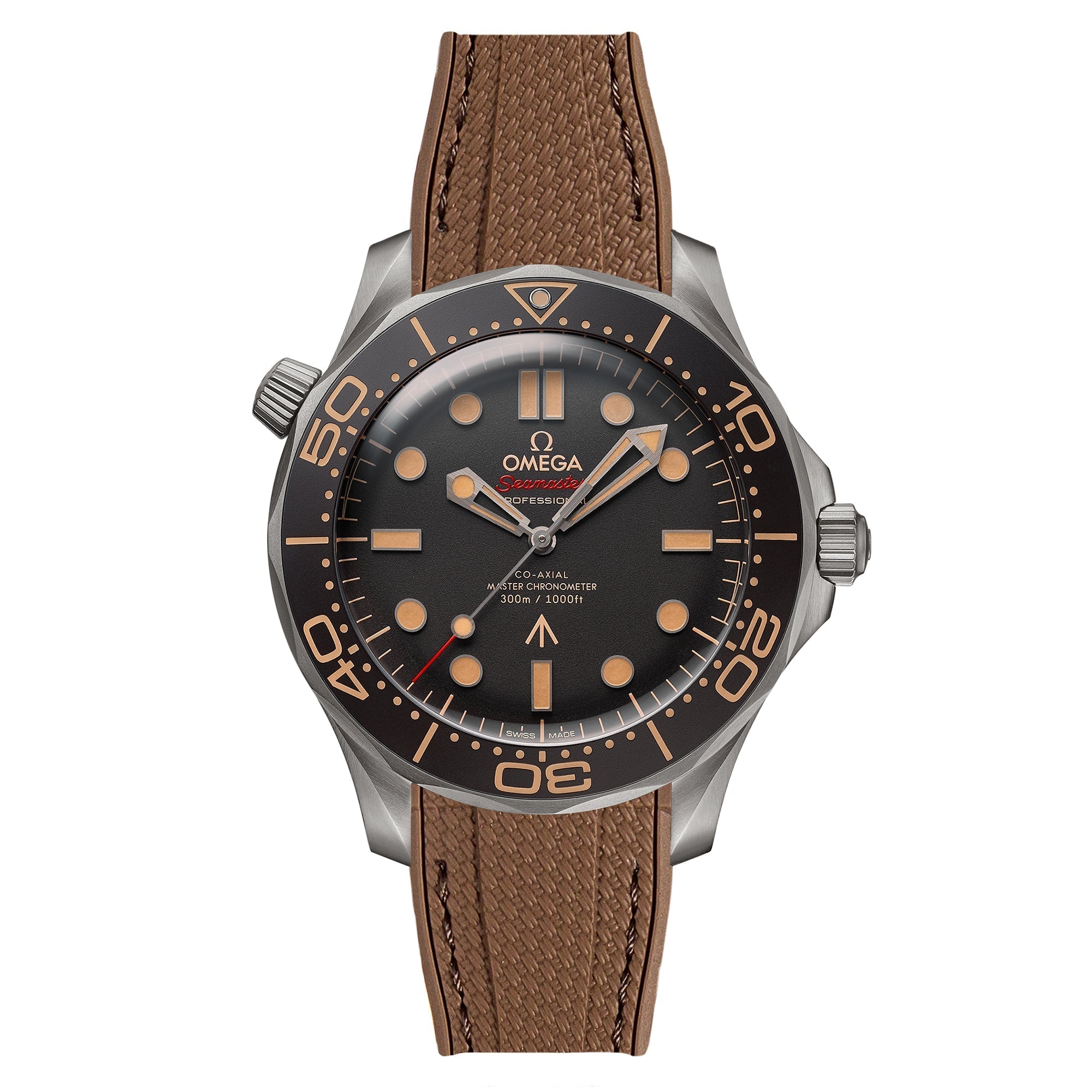 Textured Curved End Rubber Watch Strap for Omega Seamaster Diver 300M 007 Edition - Brown with White Stitch (2405)