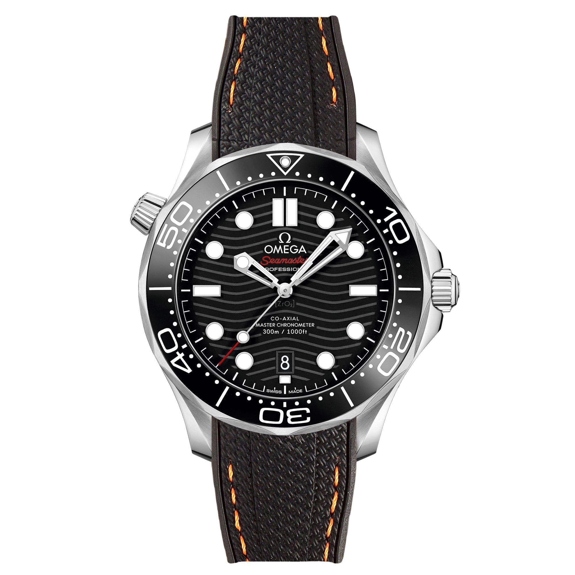 Textured Curved End Rubber Watch Strap for Omega Seamaster Diver 300M - Black with Orange Stitch (2405)