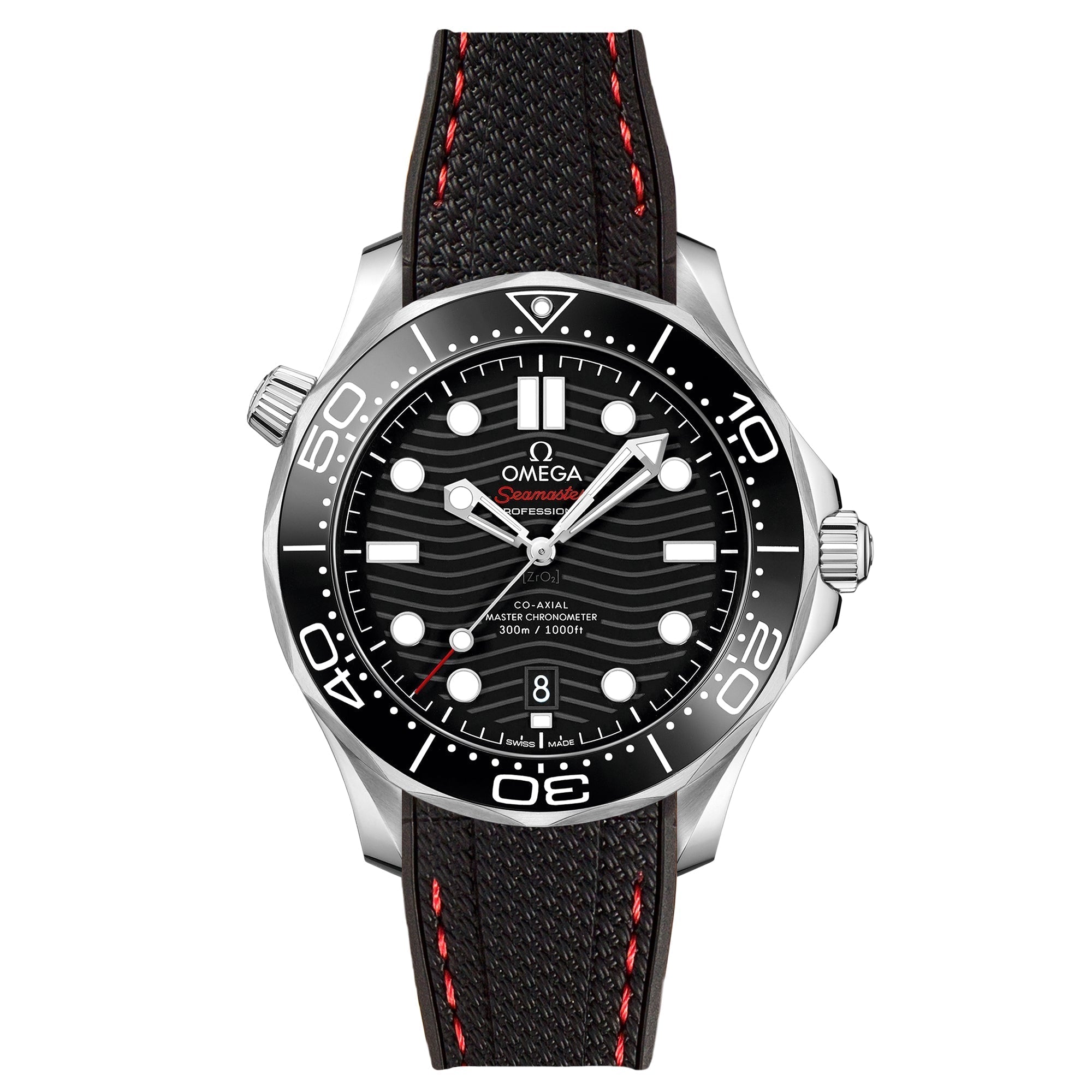 Textured Curved End Rubber Watch Strap for Omega Seamaster Diver 300M - Black with Red Stitch (2405)