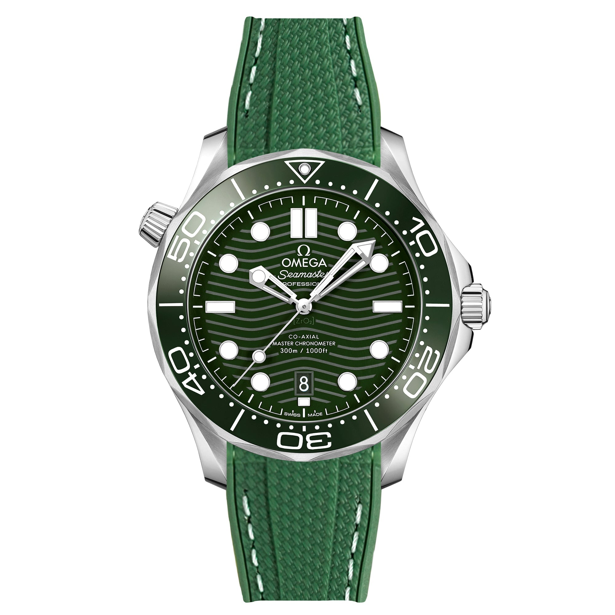 Textured Curved End Rubber Watch Strap for Omega Seamaster Diver 300M - Dark Green With White Stitch (2405)