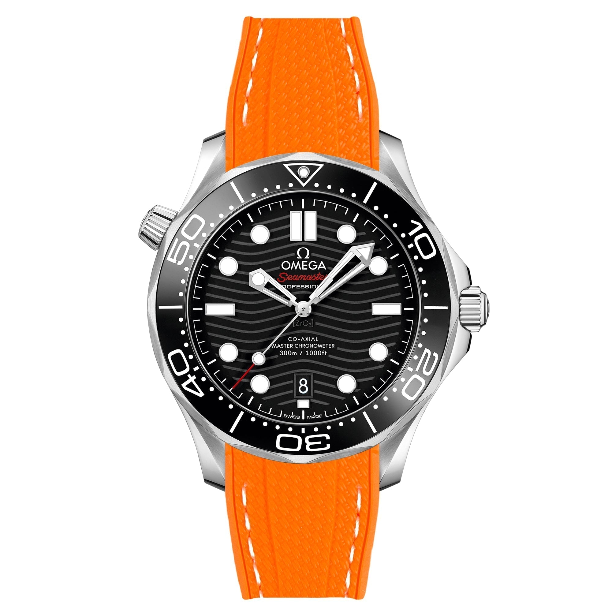 Textured Curved End Rubber Watch Strap for Omega Seamaster Diver 300M - Orange with White Stitch (2405)