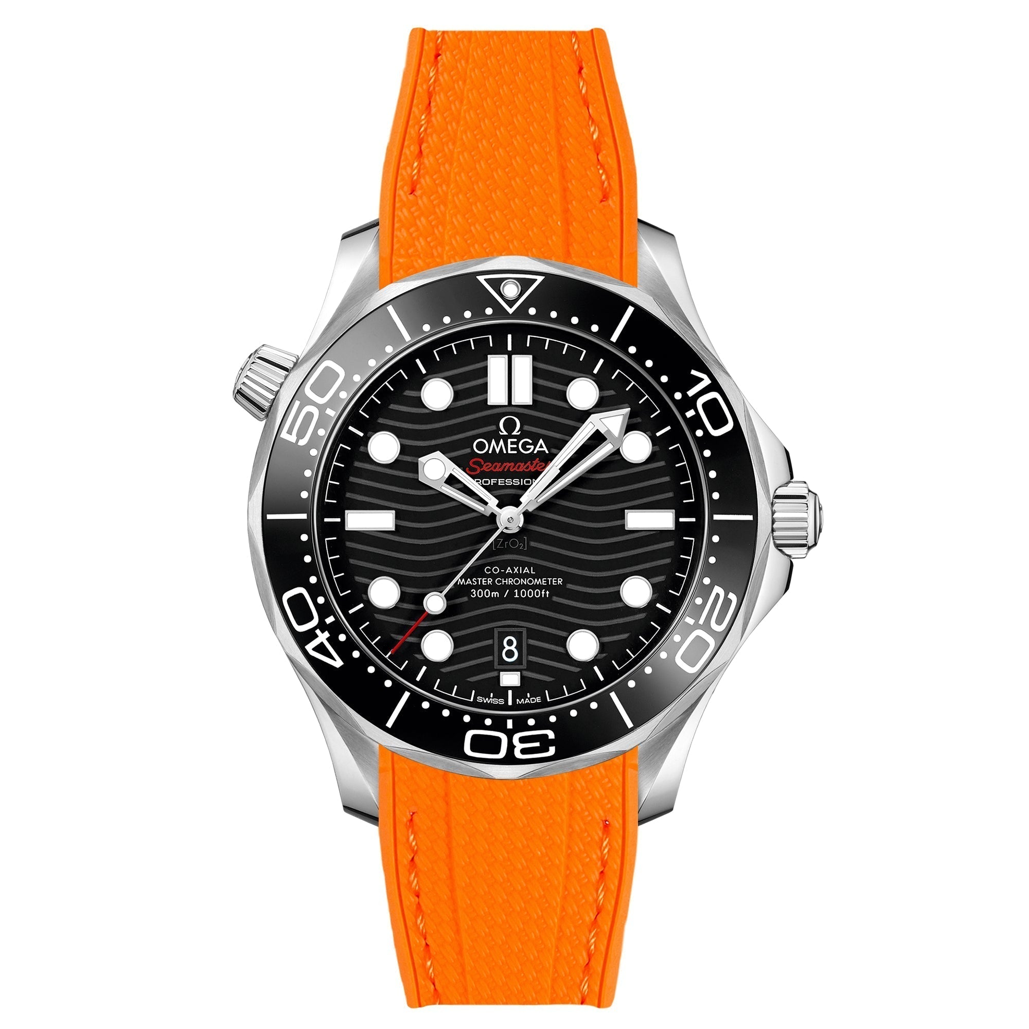 Textured Curved End Rubber Watch Strap for Omega Seamaster Diver 300M - Orange (2405)