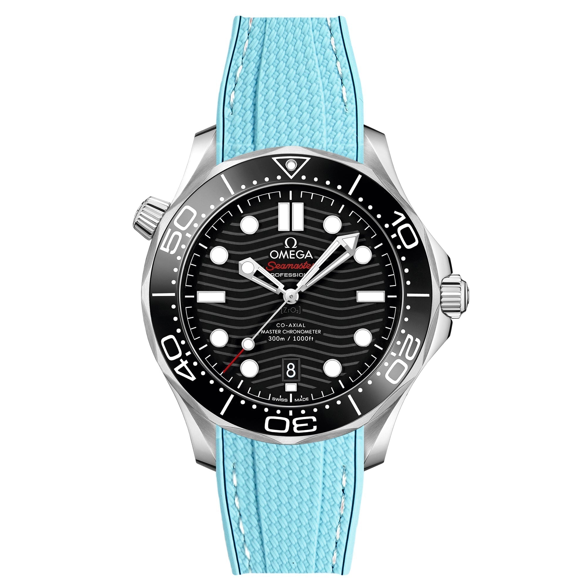 Textured Curved End Rubber Watch Strap for Omega Seamaster Diver 300M - Pale Blue (2405)