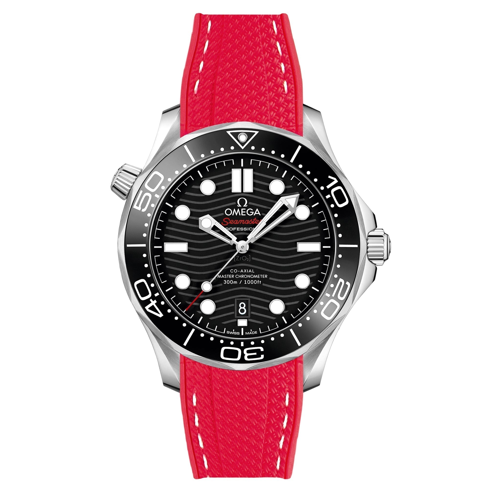 Textured Curved End Rubber Watch Strap for Omega Seamaster Diver 300M - Red with White Stitch (2405)