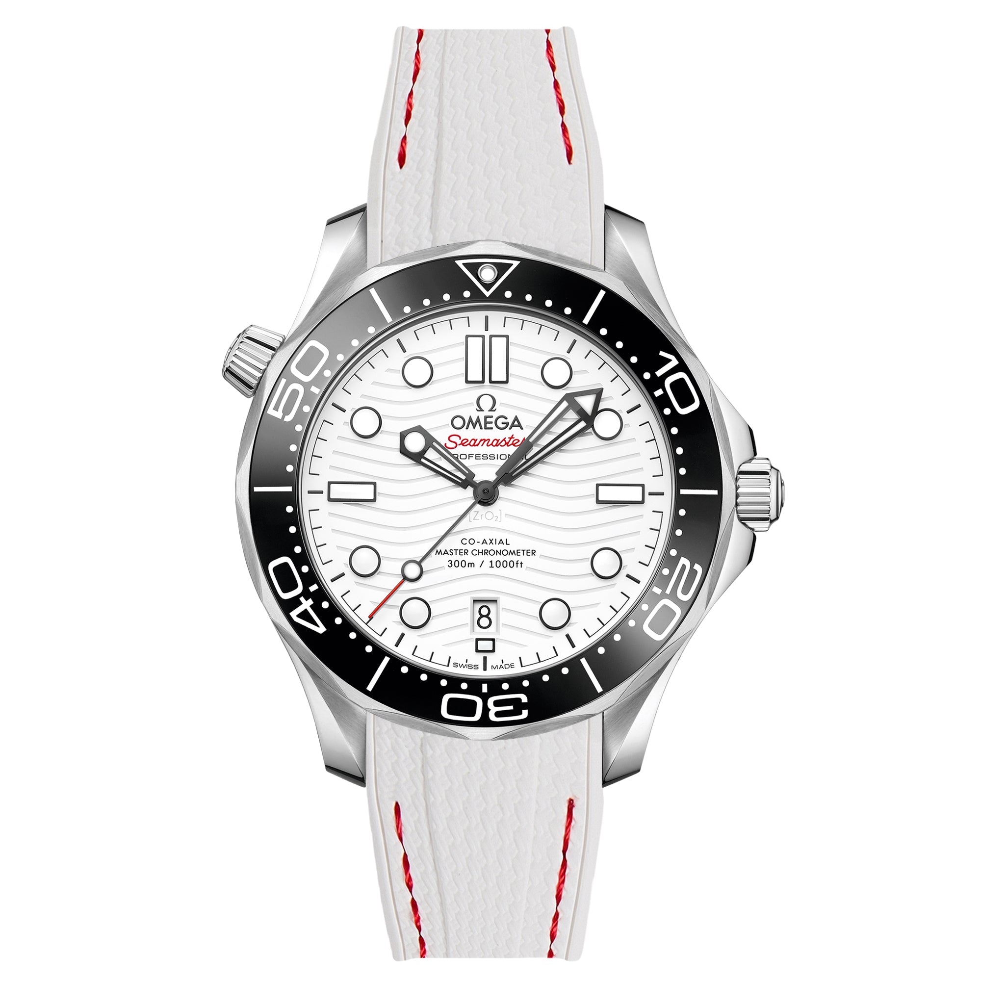 Textured Curved End Rubber Watch Strap for Omega Seamaster Diver 300M - White with Red Stitch (2405)