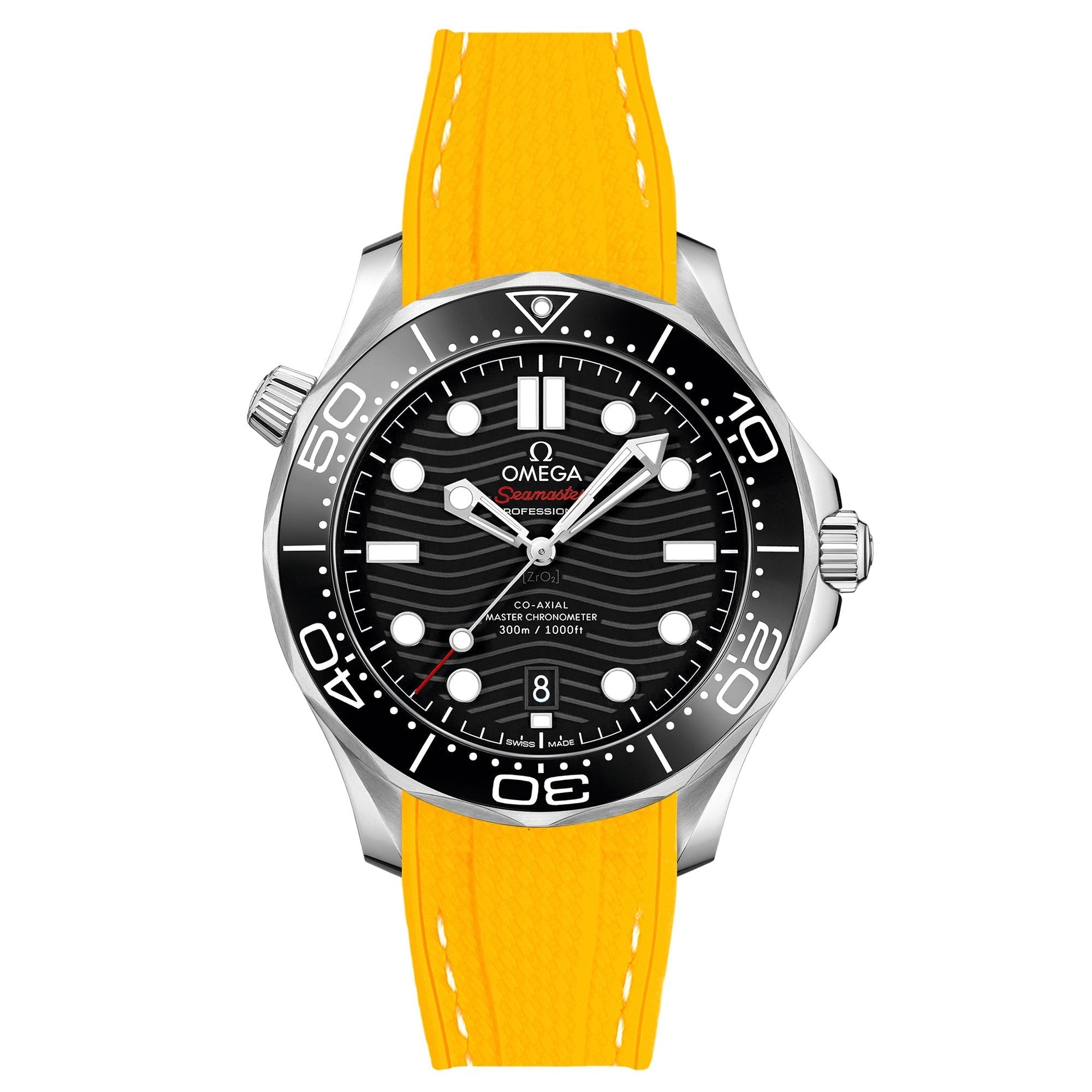 Textured Curved End Rubber Watch Strap for Omega Seamaster Diver 300M - Yellow with White Stitch (2405)