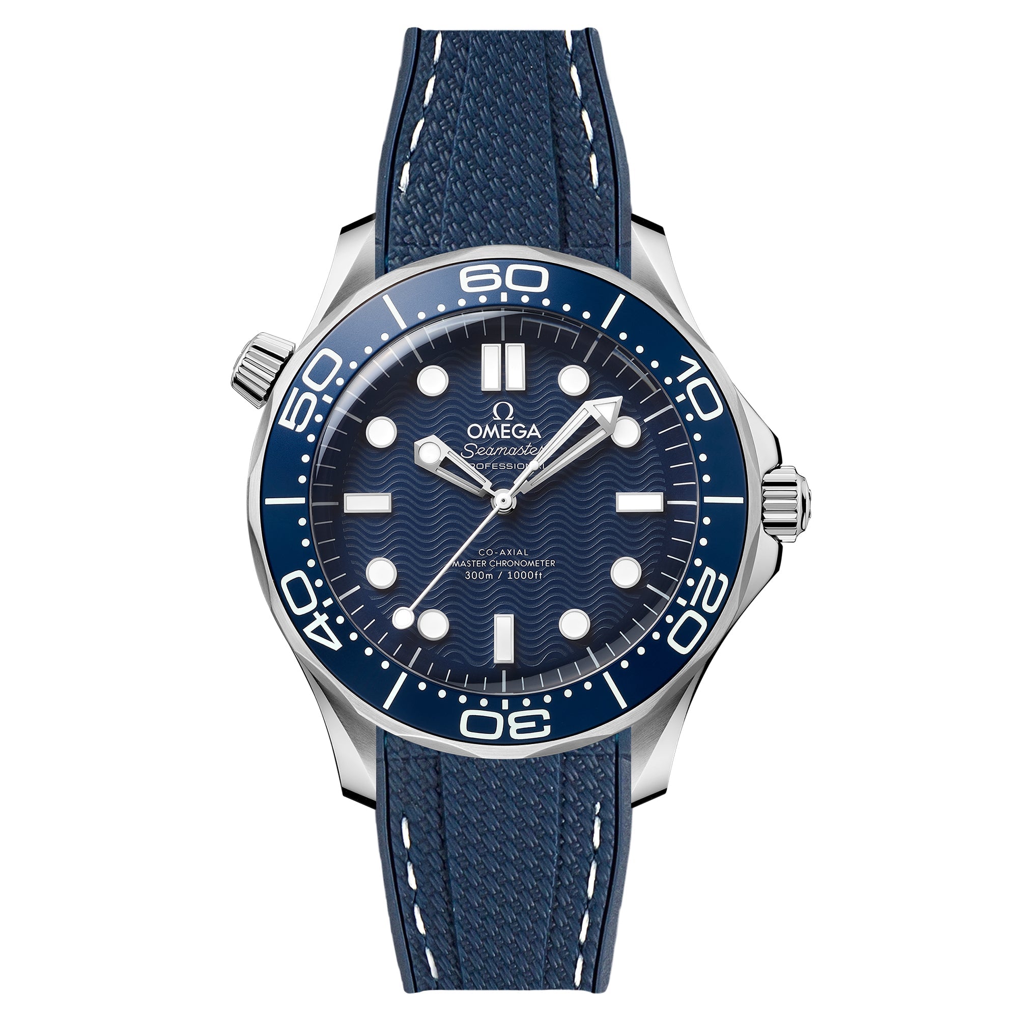 Textured Curved End Rubber Watch Strap for Omega Seamaster Diver 300M James Bond 60th Anniversary - Navy with White Stitch (2405)