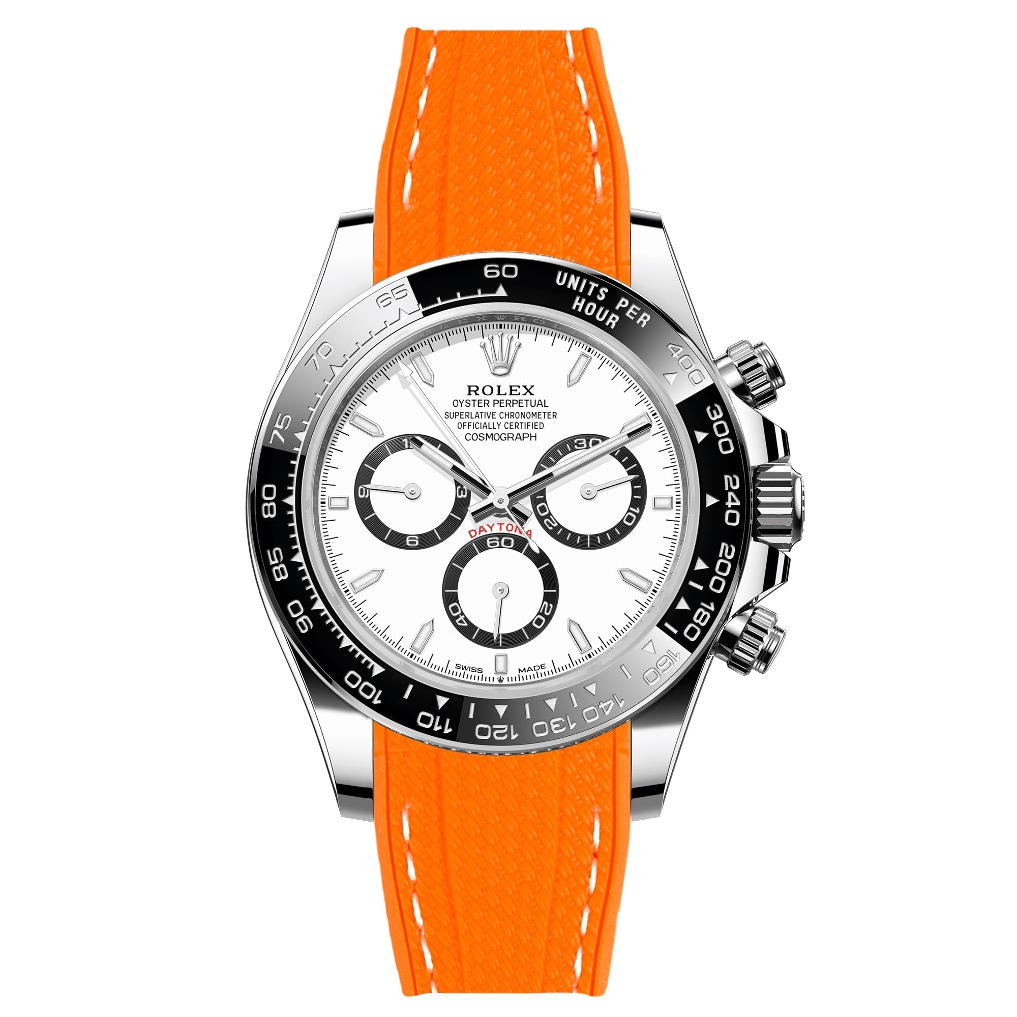 Textured Curved End Rubber Watch Strap For Rolex Daytona Cosmograph - Orange with White Stitch (2405)