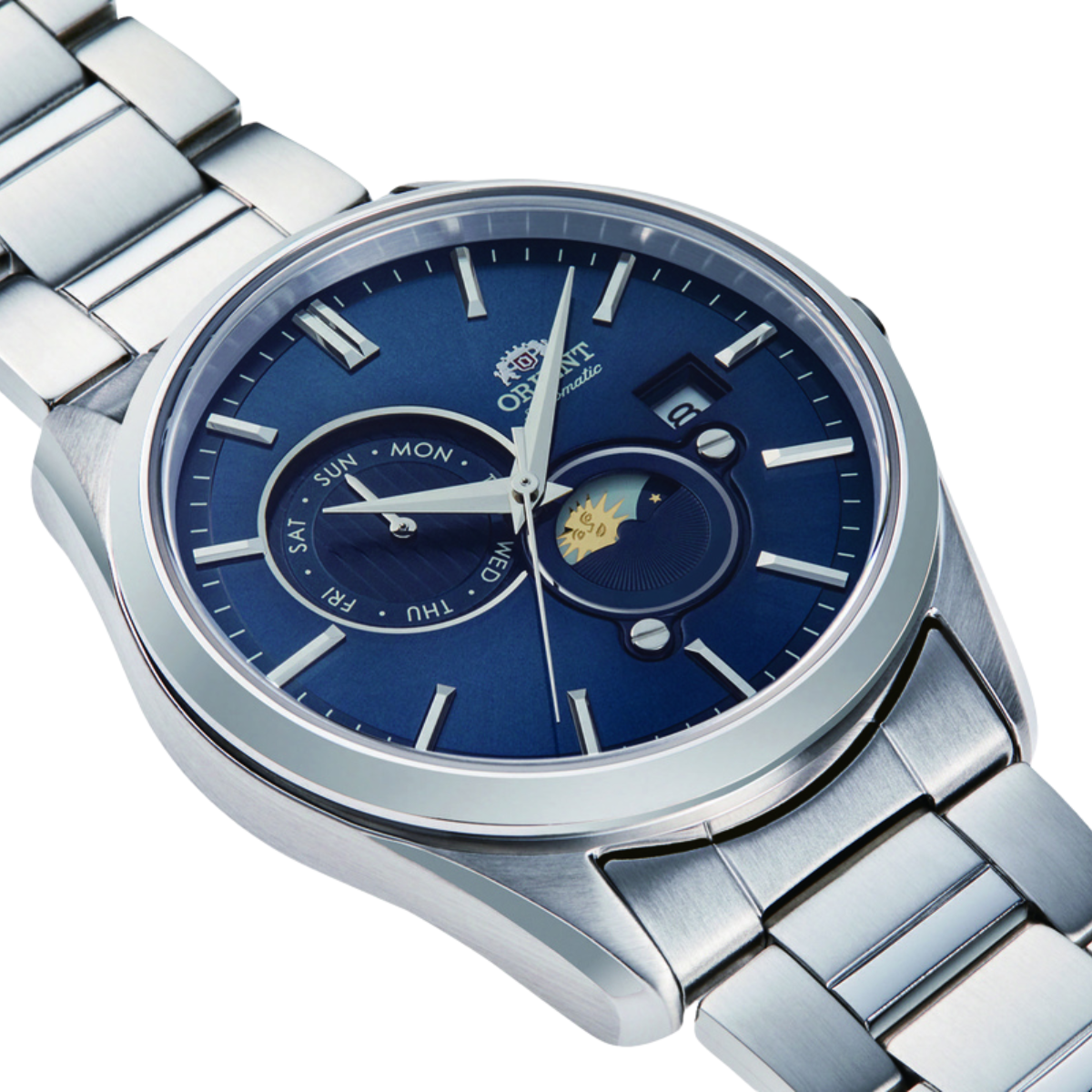 Orient RA-AK0308L Contemporary Sun and Moon Blue Dial Mechanical Dress Mens Watch