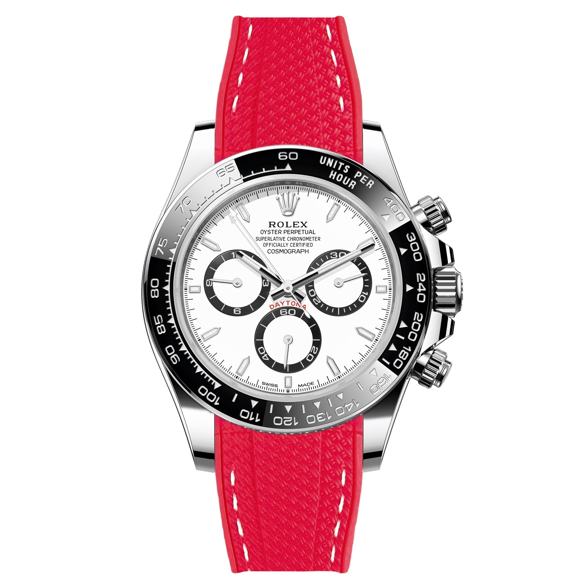 Textured Curved End Rubber Watch Strap For Rolex Daytona Cosmograph - Red with White Stitch (2405)