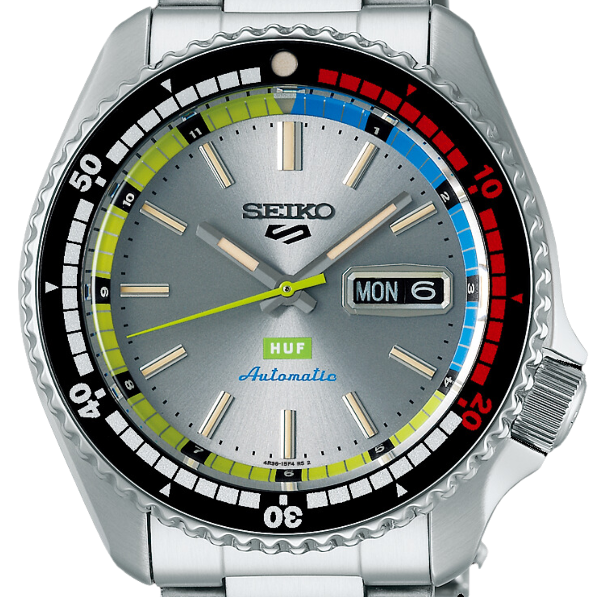 Seiko 5 Sports x HUF Limited Edition SRPL33K1 SRPL33 SRPL33K Silver Dial Mens Watch