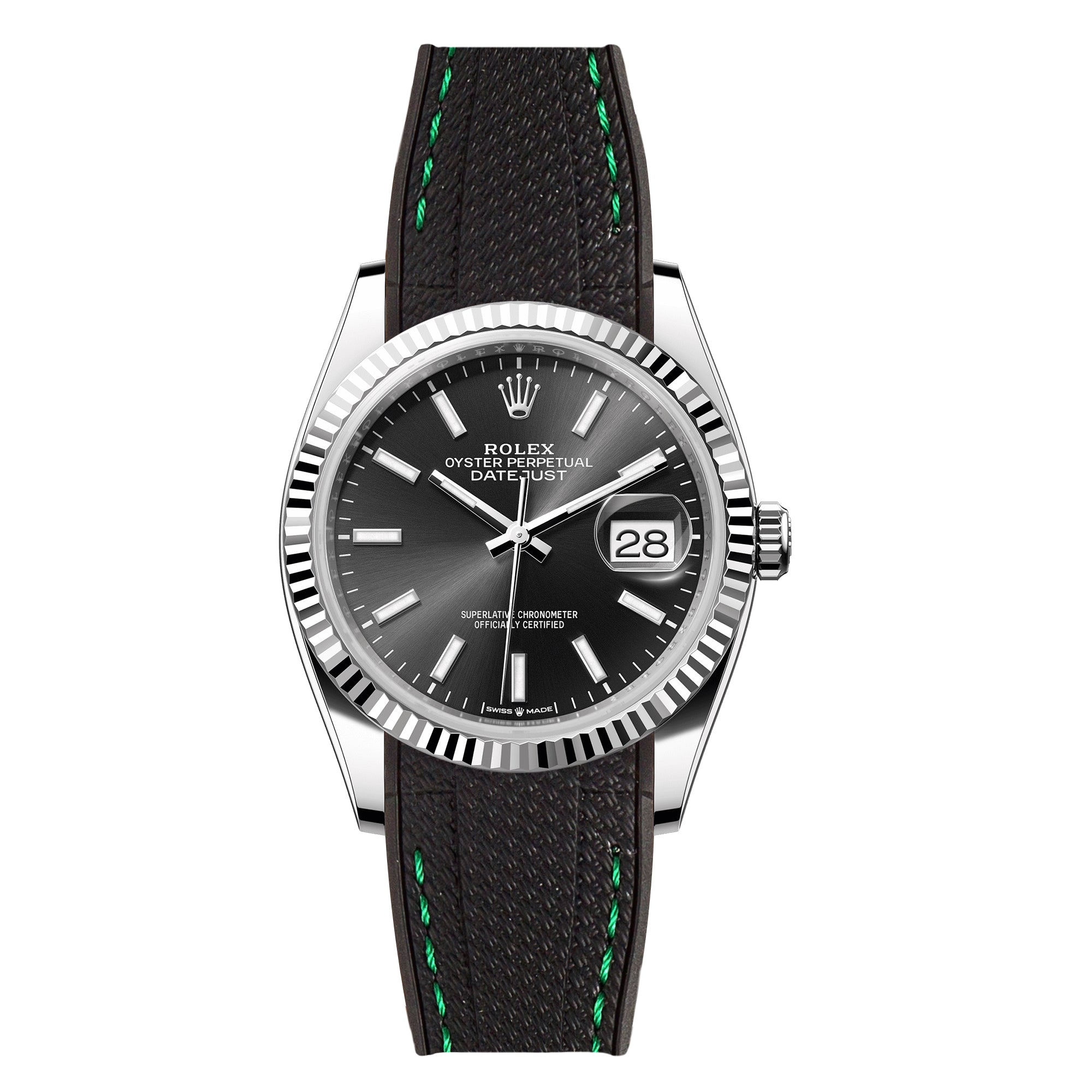 Textured Curved End Rubber Watch Strap For Rolex Datejust 36mm - Black with Green Stitch (2405)