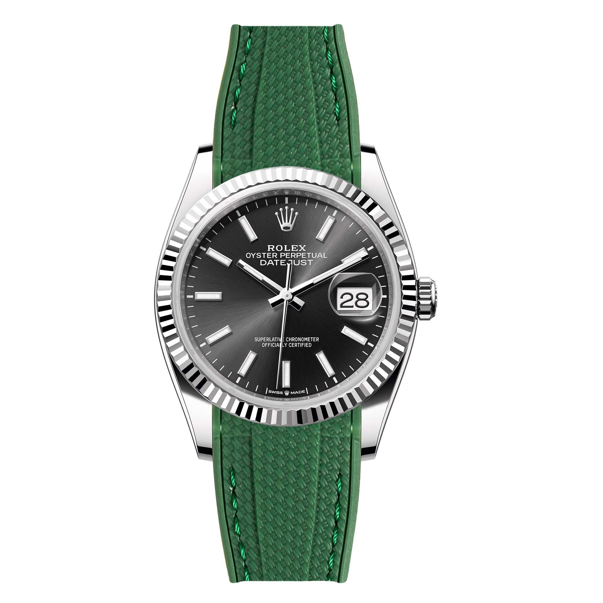 Textured Curved End Rubber Watch Strap For Rolex Datejust 36mm - Dark Green (2405)