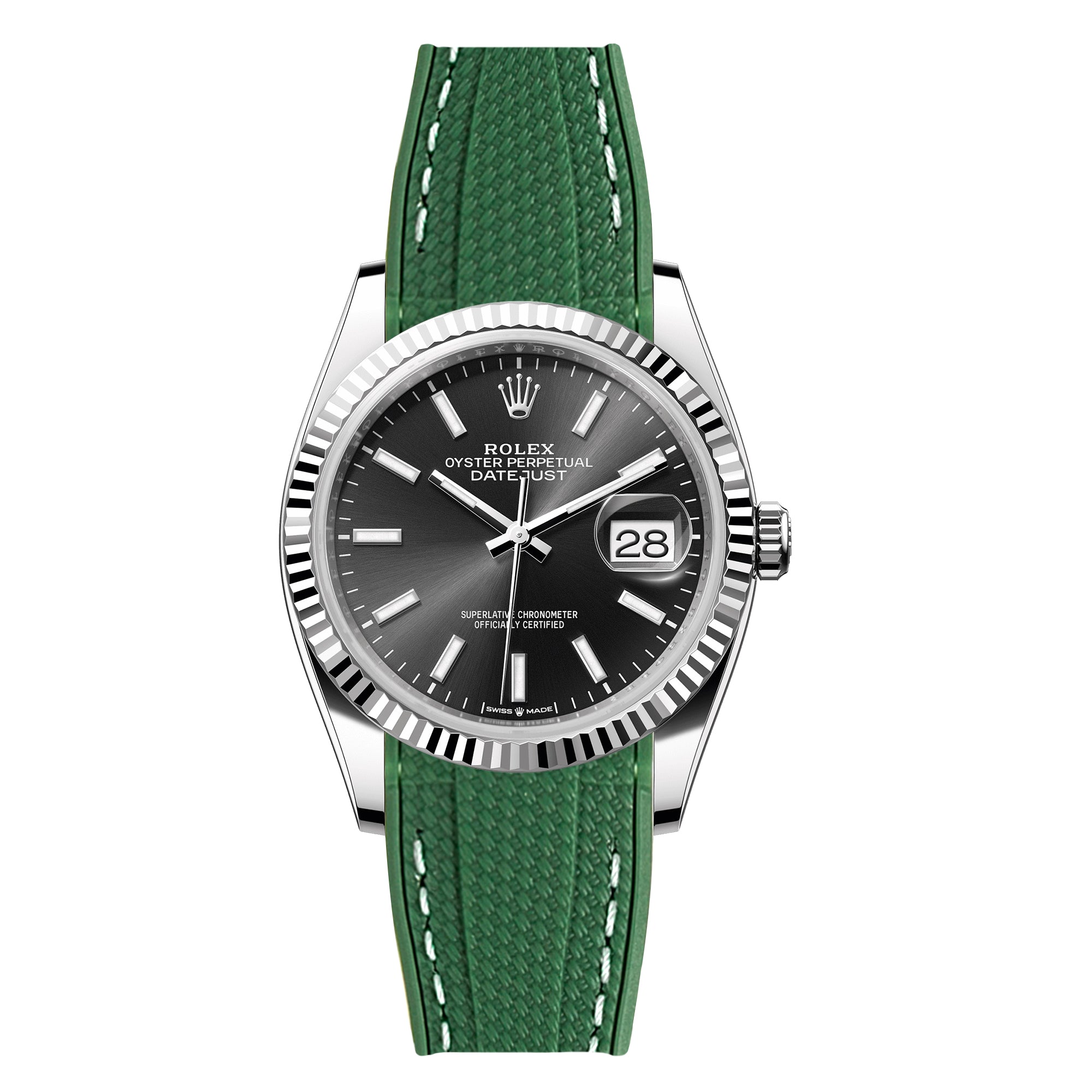 Textured Curved End Rubber Watch Strap For Rolex Datejust 36mm - Dark Green With White Stitch (2405)