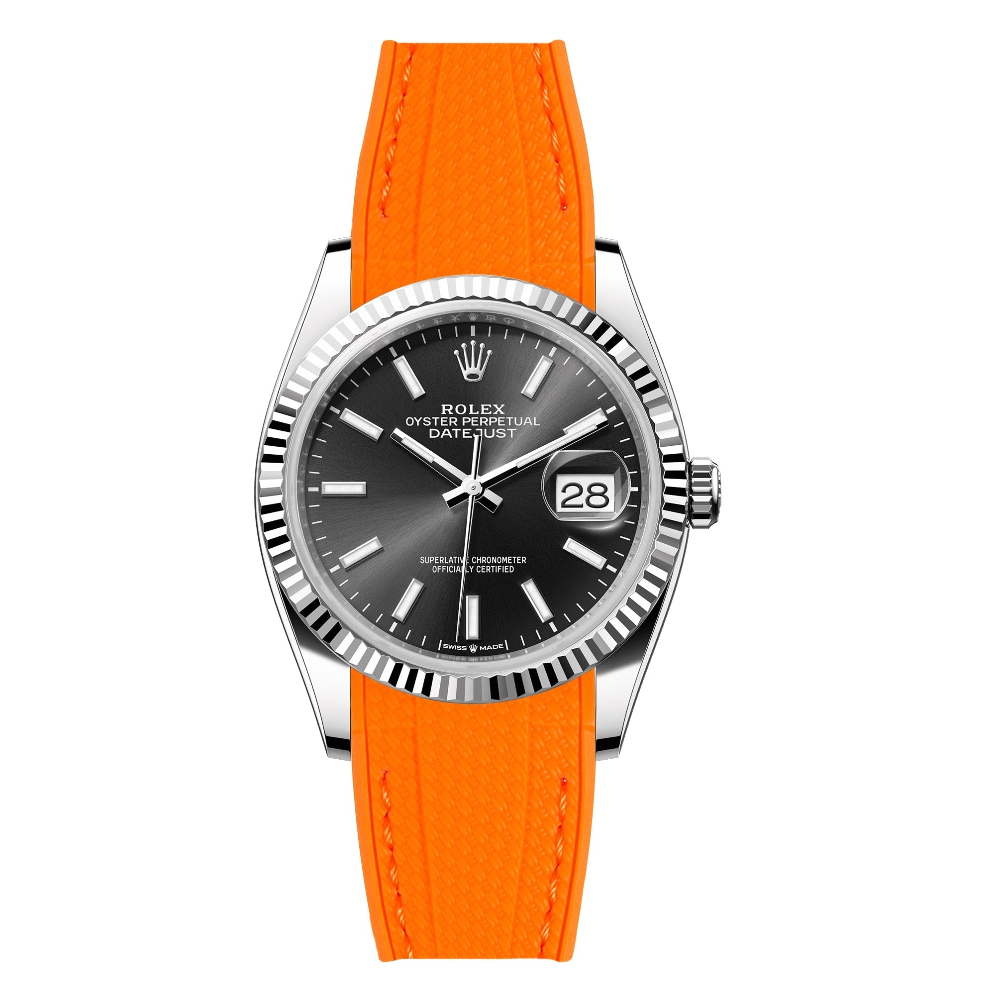 Textured Curved End Rubber Watch Strap For Rolex Datejust 36mm - Orange (2405)