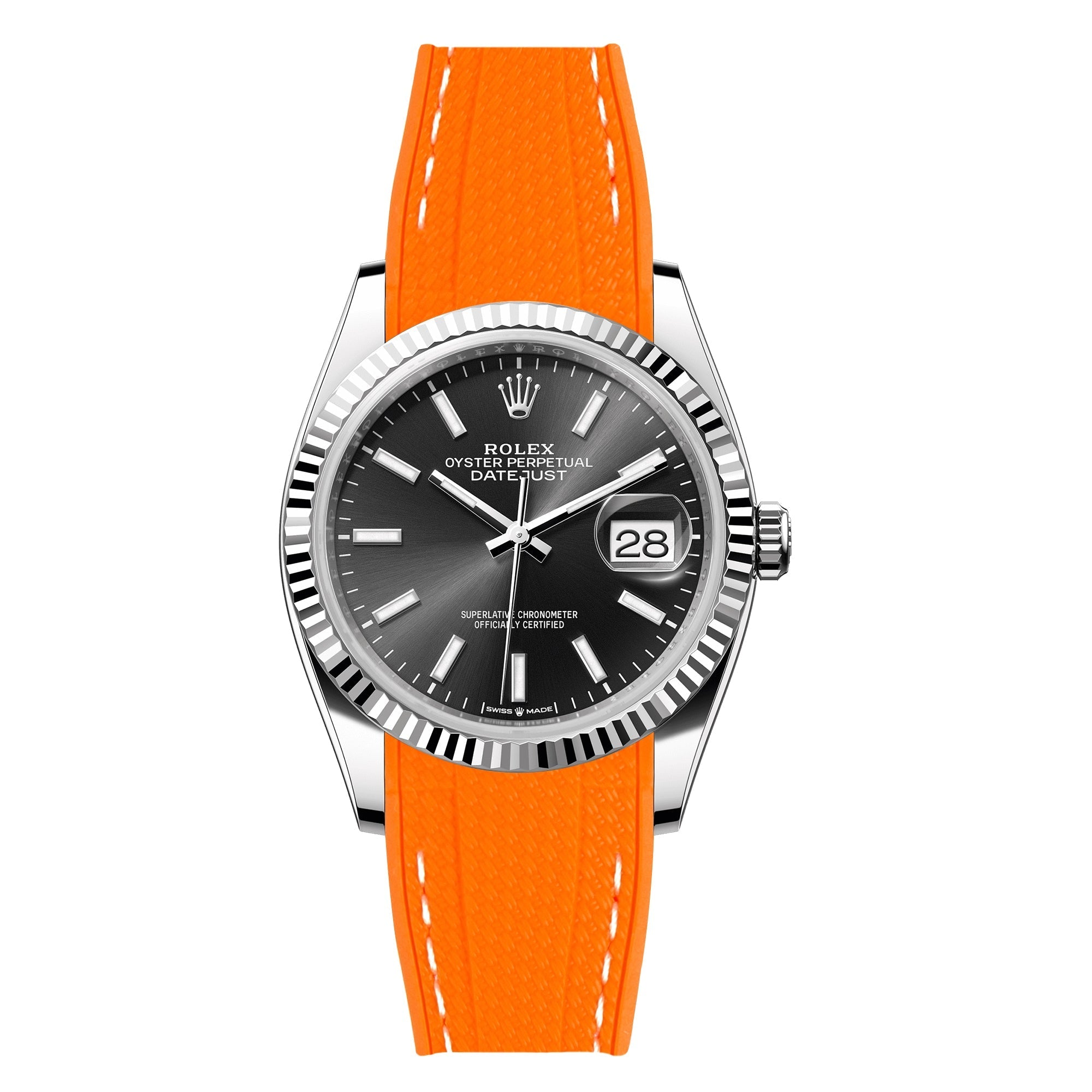 Textured Curved End Rubber Watch Strap For Rolex Datejust 36mm - Orange with White Stitch (2405)