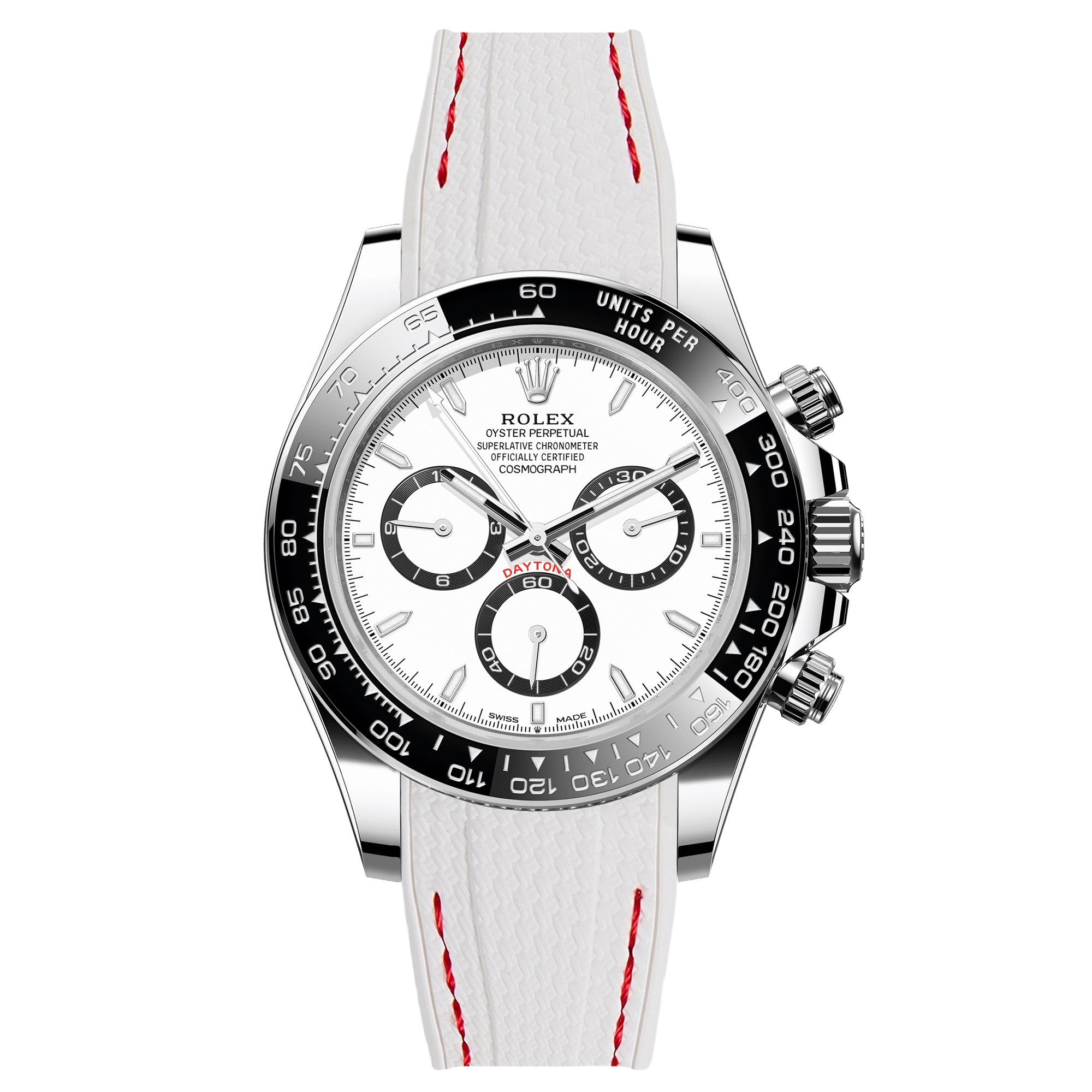 Textured Curved End Rubber Watch Strap For Rolex Daytona Cosmograph - White with Red Stitch (2405)