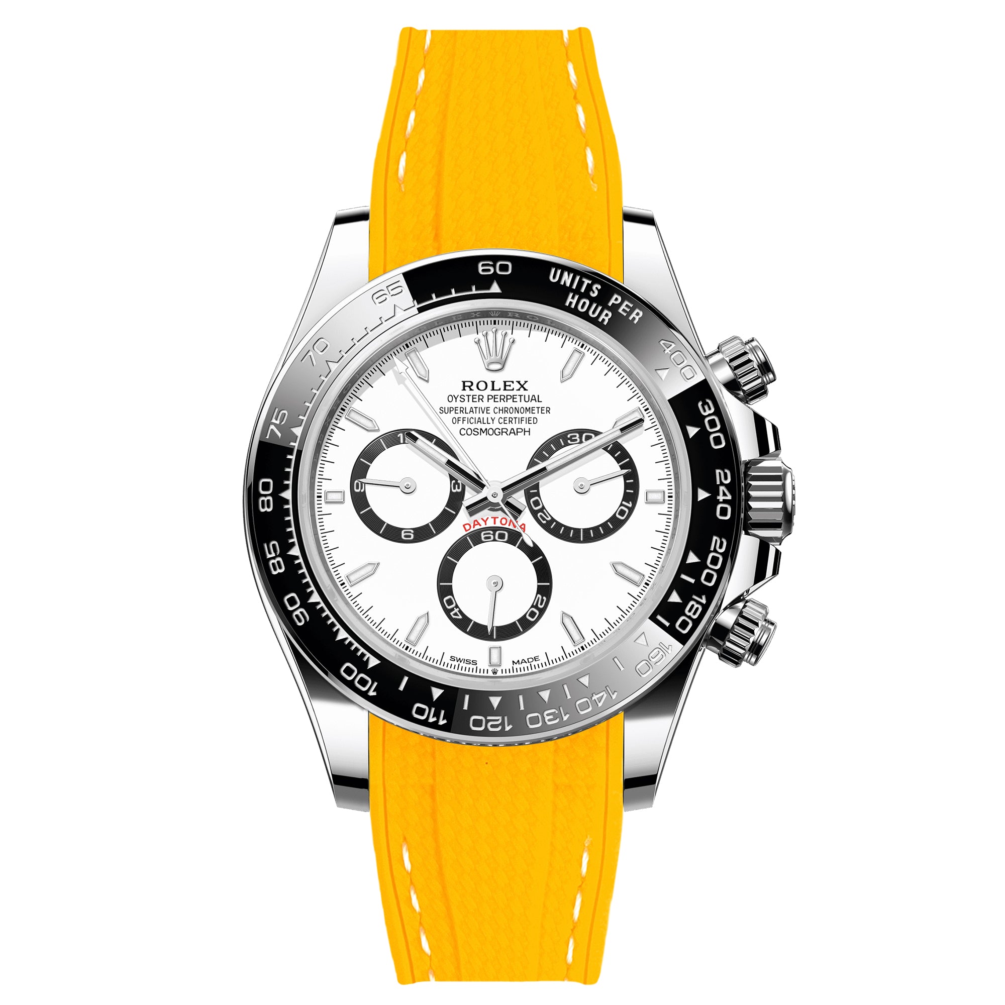 Textured Curved End Rubber Watch Strap For Rolex Daytona Cosmograph - Yellow with White Stitch (2405)