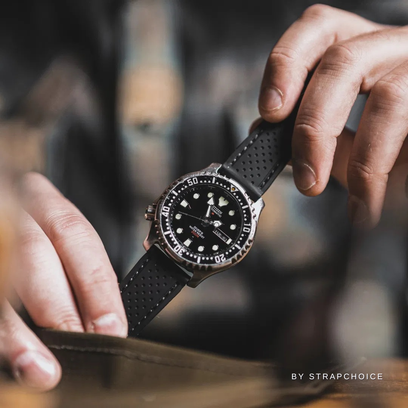 Perforated Stitch Soft Silicone Strap - Quick-Release - Black with Black Stitch (2401)