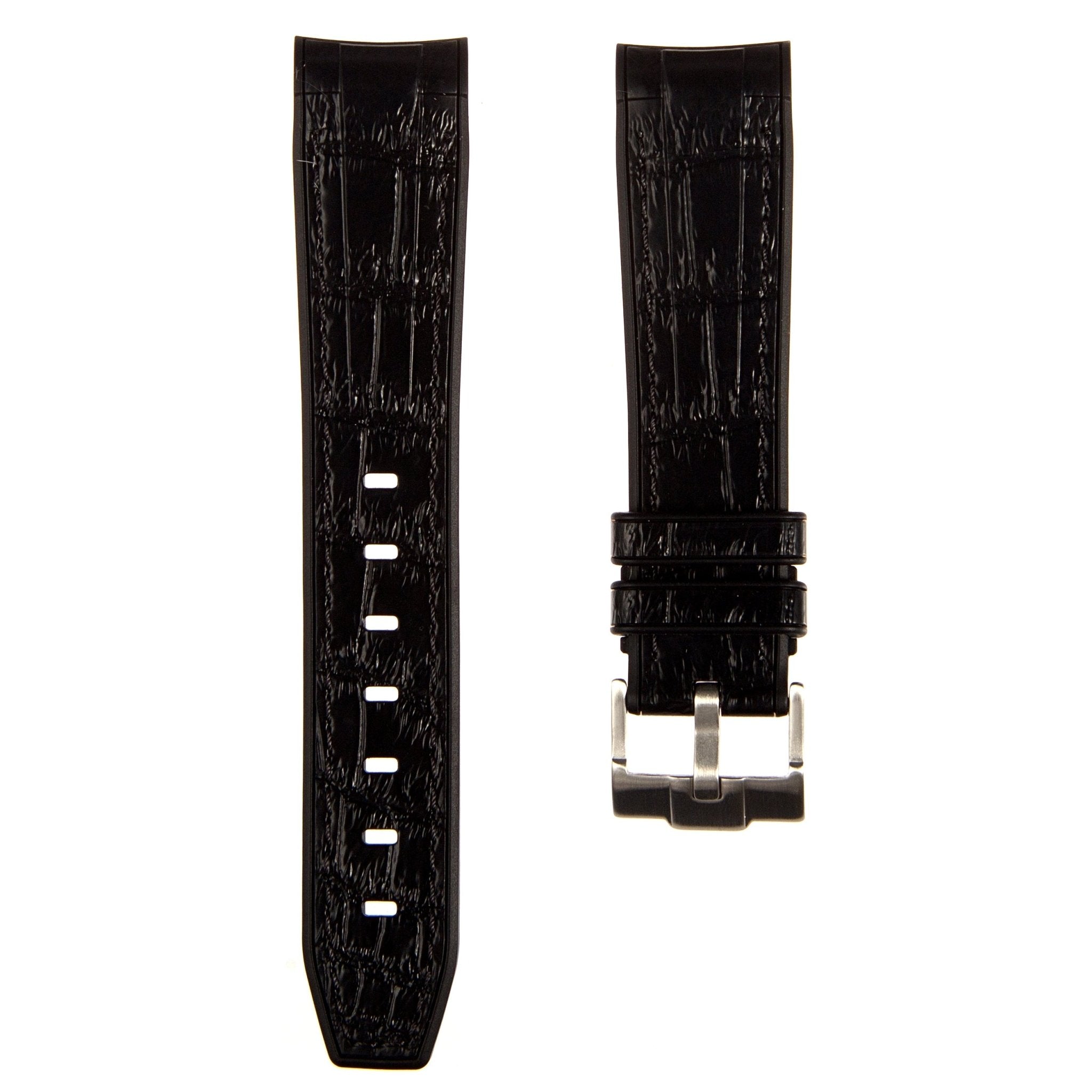 Alligator Embossed Curved End Premium Silicone Strap - Compatible with Omega x Swatch-Black with Black Stitch (2406) -StrapSeeker