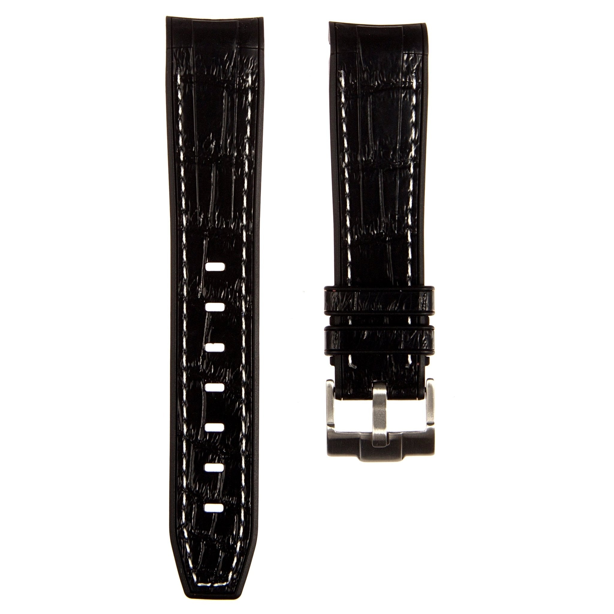 Alligator Embossed Curved End Premium Silicone Strap - Compatible with Omega x Swatch - Black with White Stitch (2406) -StrapSeeker