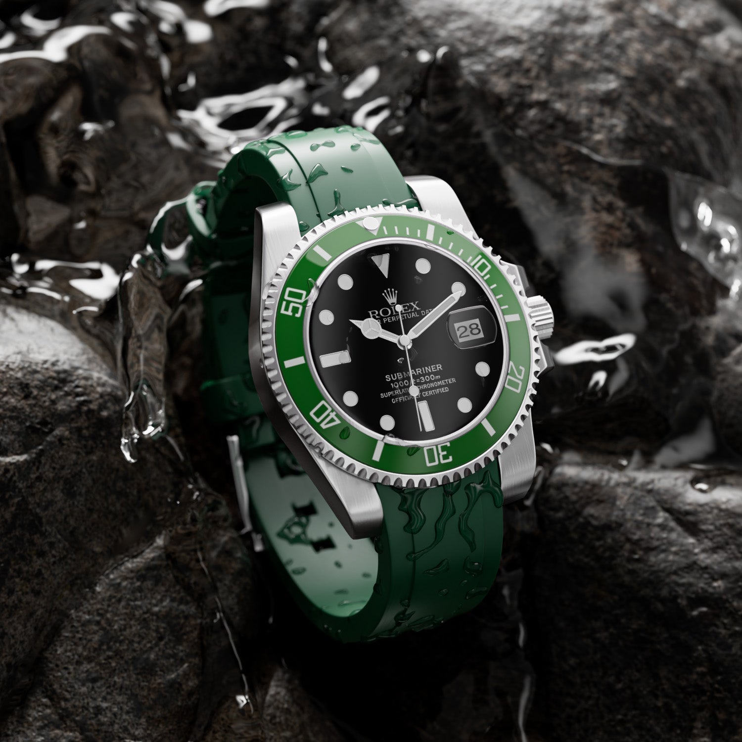 Curved End Soft Silicone Strap - Compatible with Omega Seamaster - Dark Green (2418) -StrapSeeker