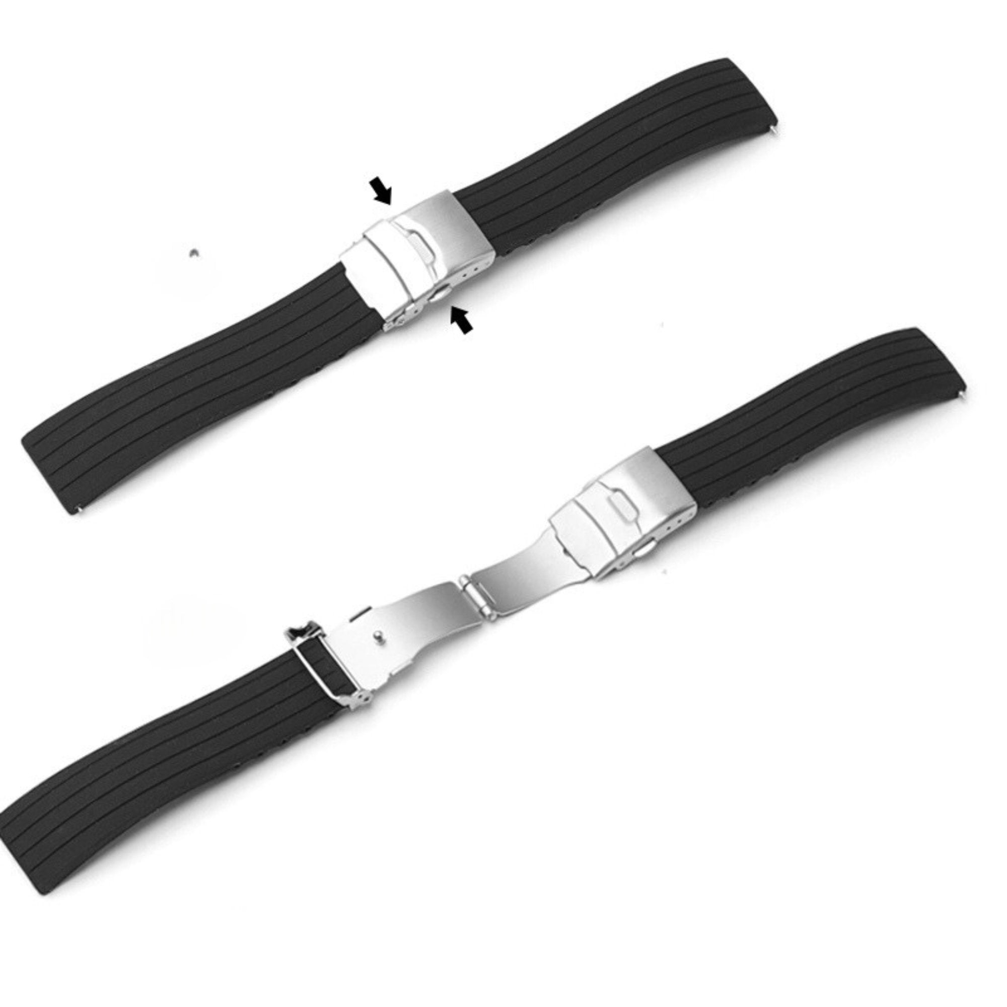 Stripe Cut-to-Length Soft Silicone Strap-Quick Release-Deployment Clasp-Black -StrapSeeker