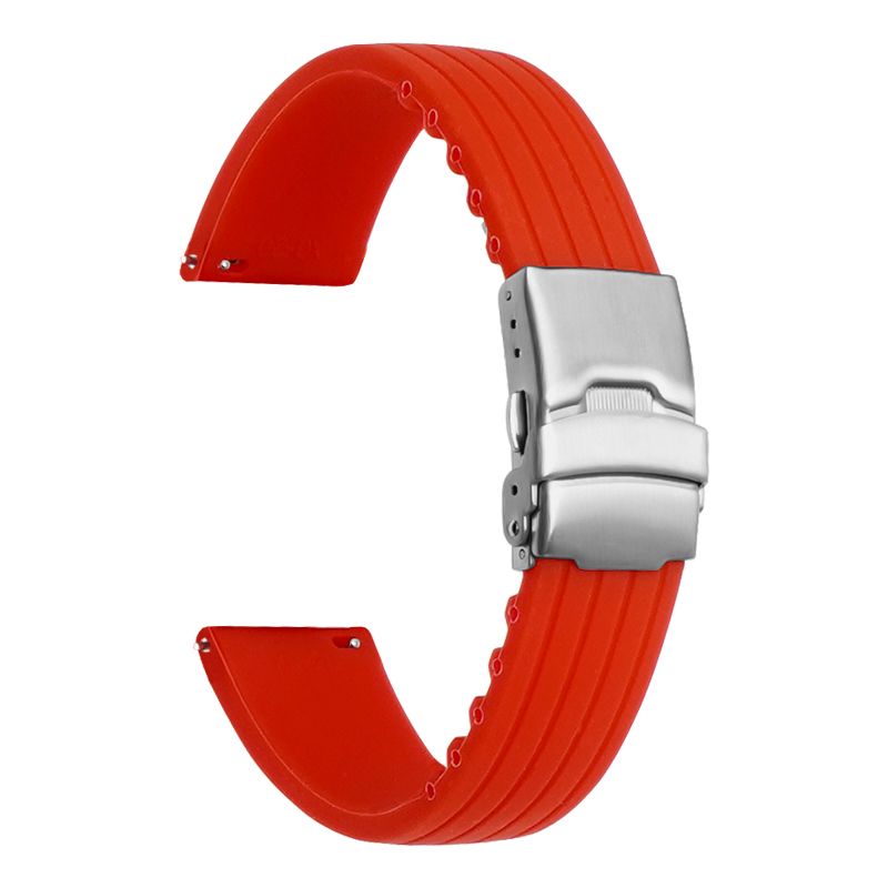 Stripe Cut-to-Length Soft Silicone Strap-Quick Release-Deployment Clasp-Bright Red -StrapSeeker