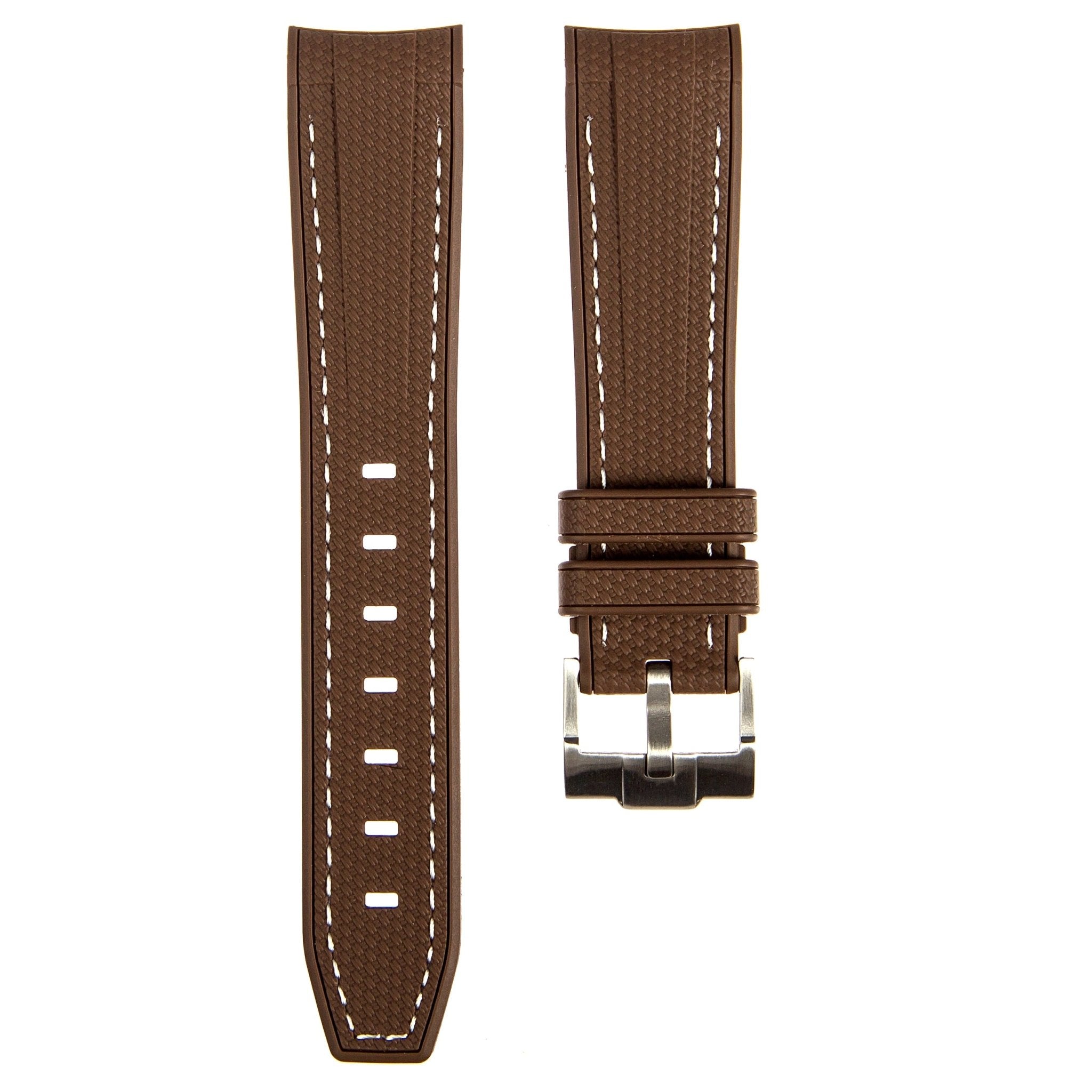 Textured Curved End Premium Silicone Strap - Compatible with Omega Moonwatch - Brown with White Stitch (2405) -StrapSeeker