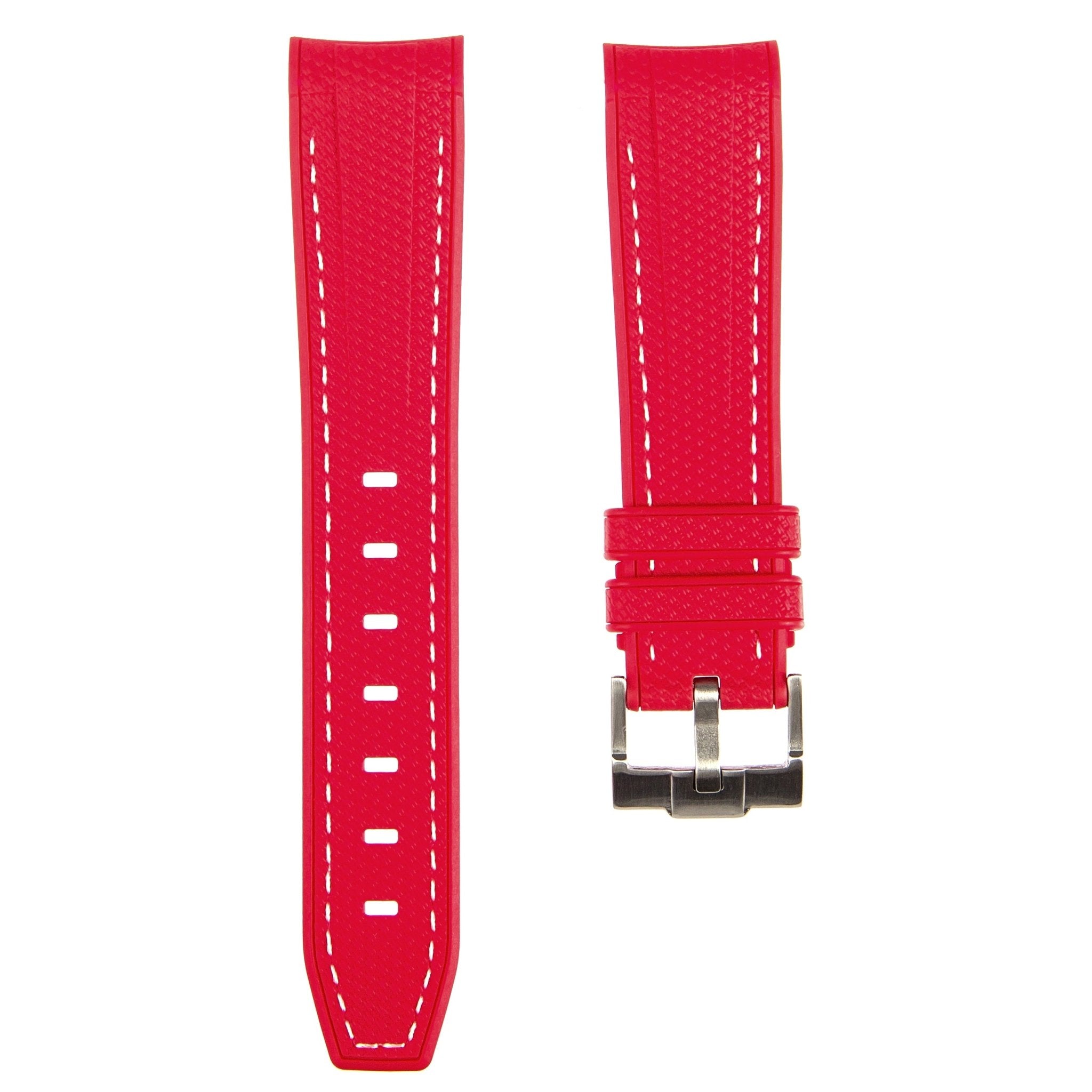 Textured Curved End Premium Silicone Strap - Compatible with Omega Moonwatch - Red with White Stitch (2405) -StrapSeeker