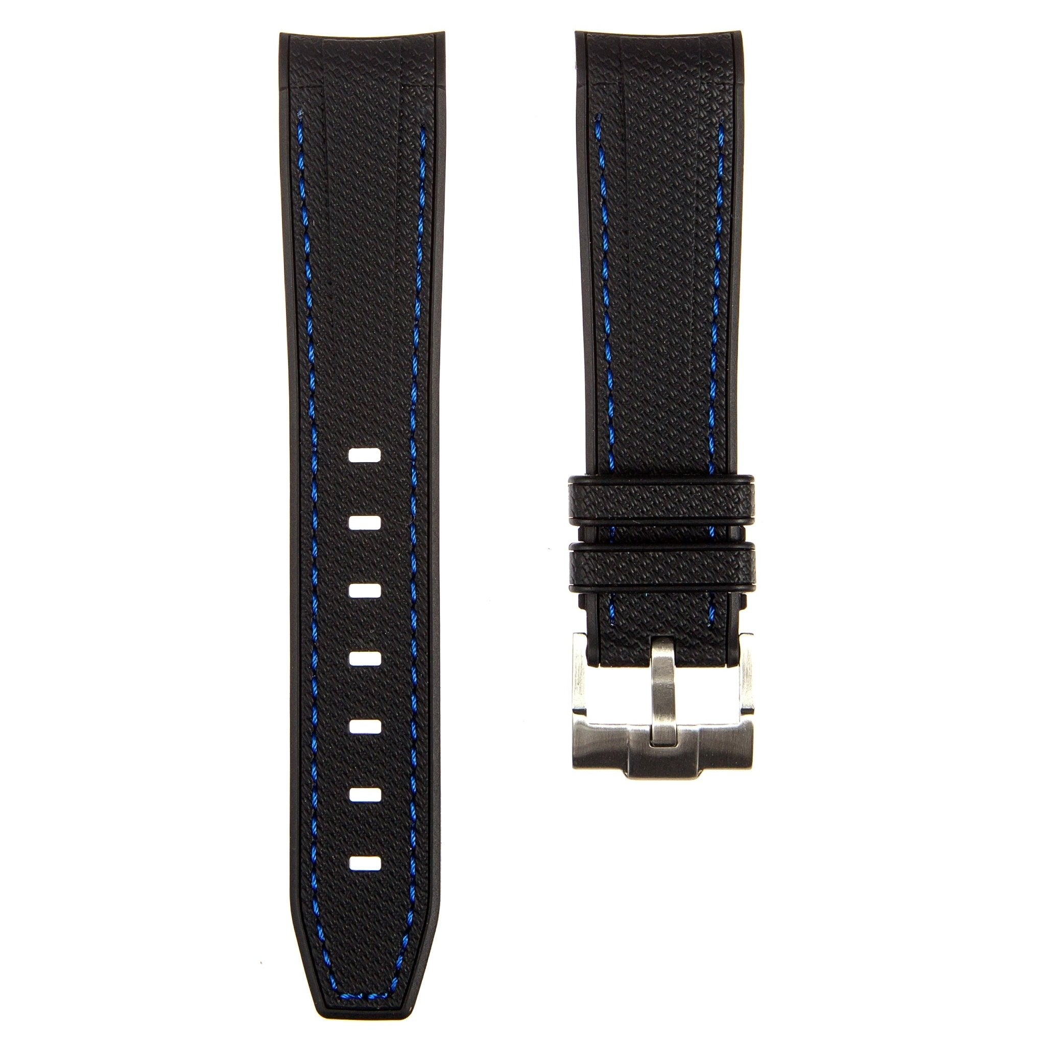 Textured Curved End Premium Silicone Strap - Compatible with Omega x Swatch - Black with Blue Stitch (2405) -StrapSeeker