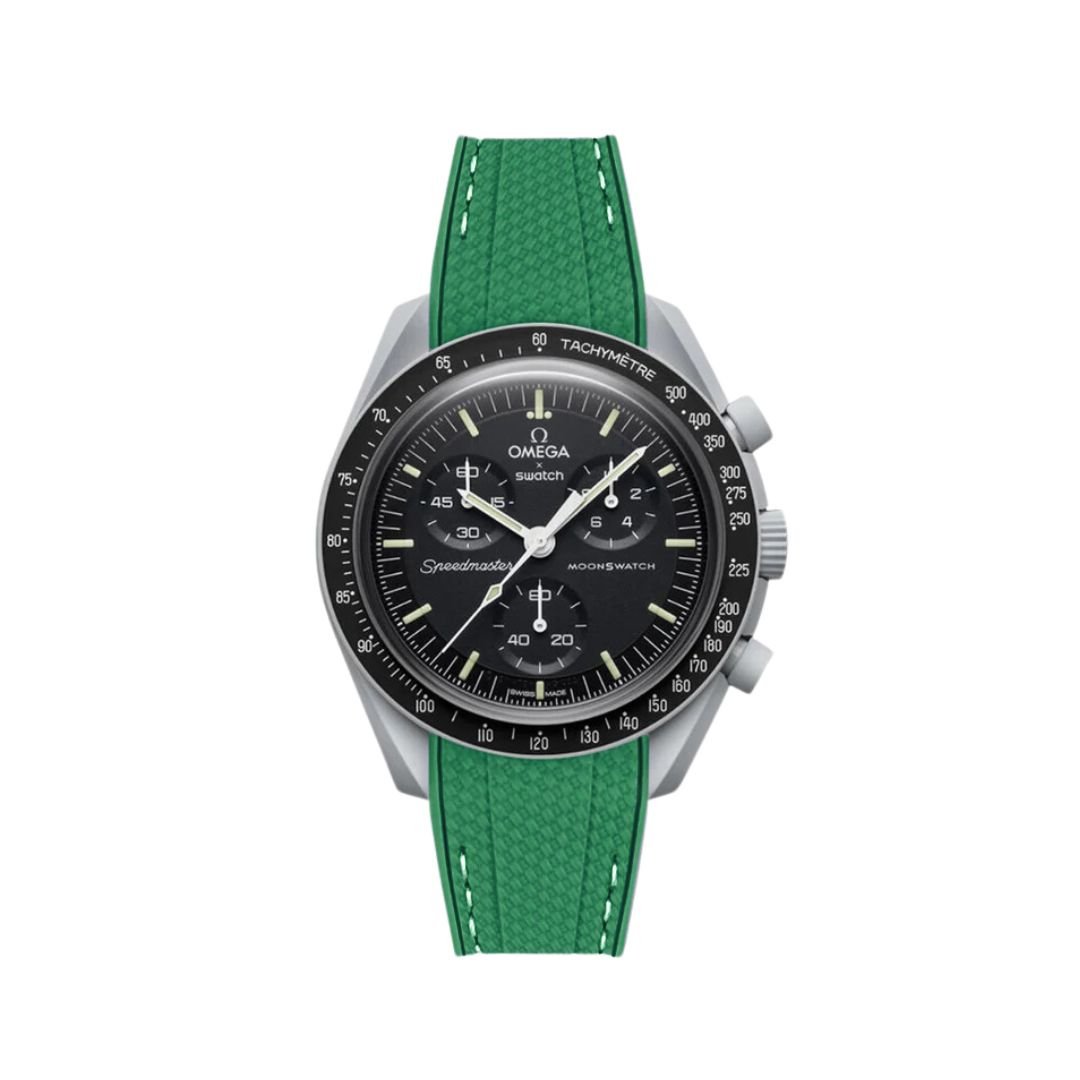 Textured Curved End Premium Silicone Strap - Compatible with Omega x Swatch - Dark Green With White Stitch (2405) -StrapSeeker