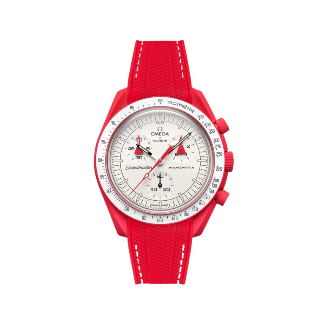 Textured Curved End Premium Silicone Strap - Compatible with Omega x Swatch - Red with White Stitch (2405) -StrapSeeker