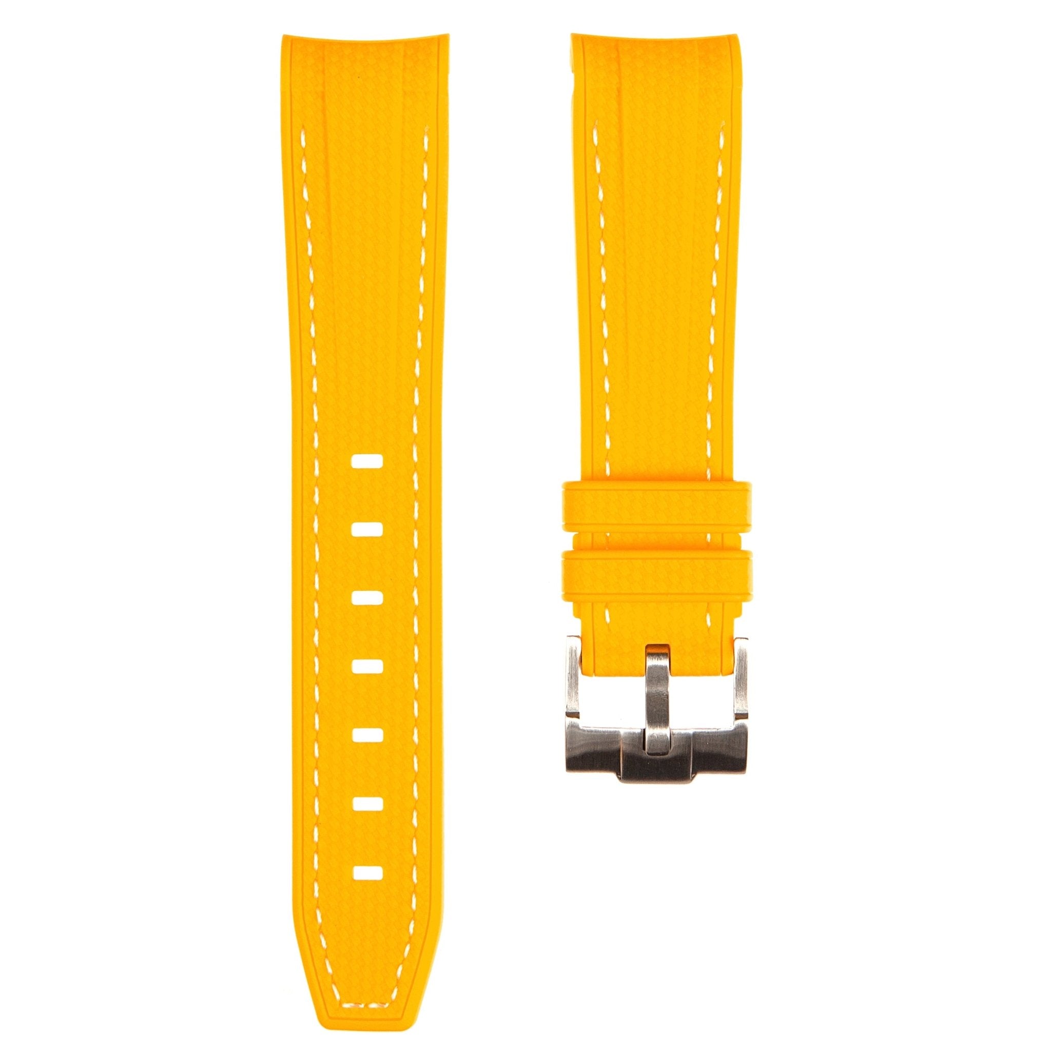 Textured Curved End Premium Silicone Strap - Compatible with Omega x Swatch - Yellow with White Stitch (2405) -StrapSeeker