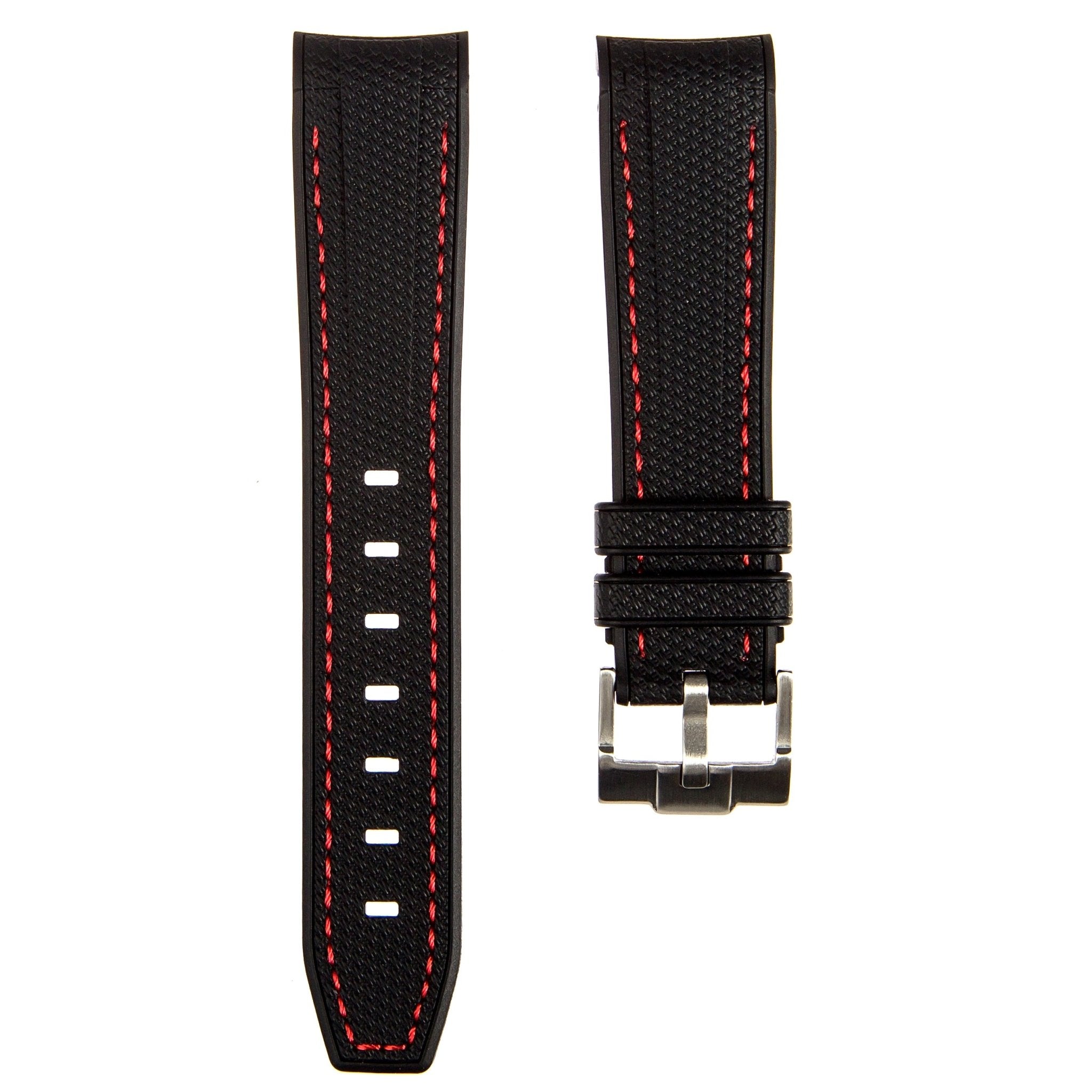 Textured Curved End Premium Silicone Strap – Compatible with Rolex Submariner – Black with Red Stitch (2405) -StrapSeeker