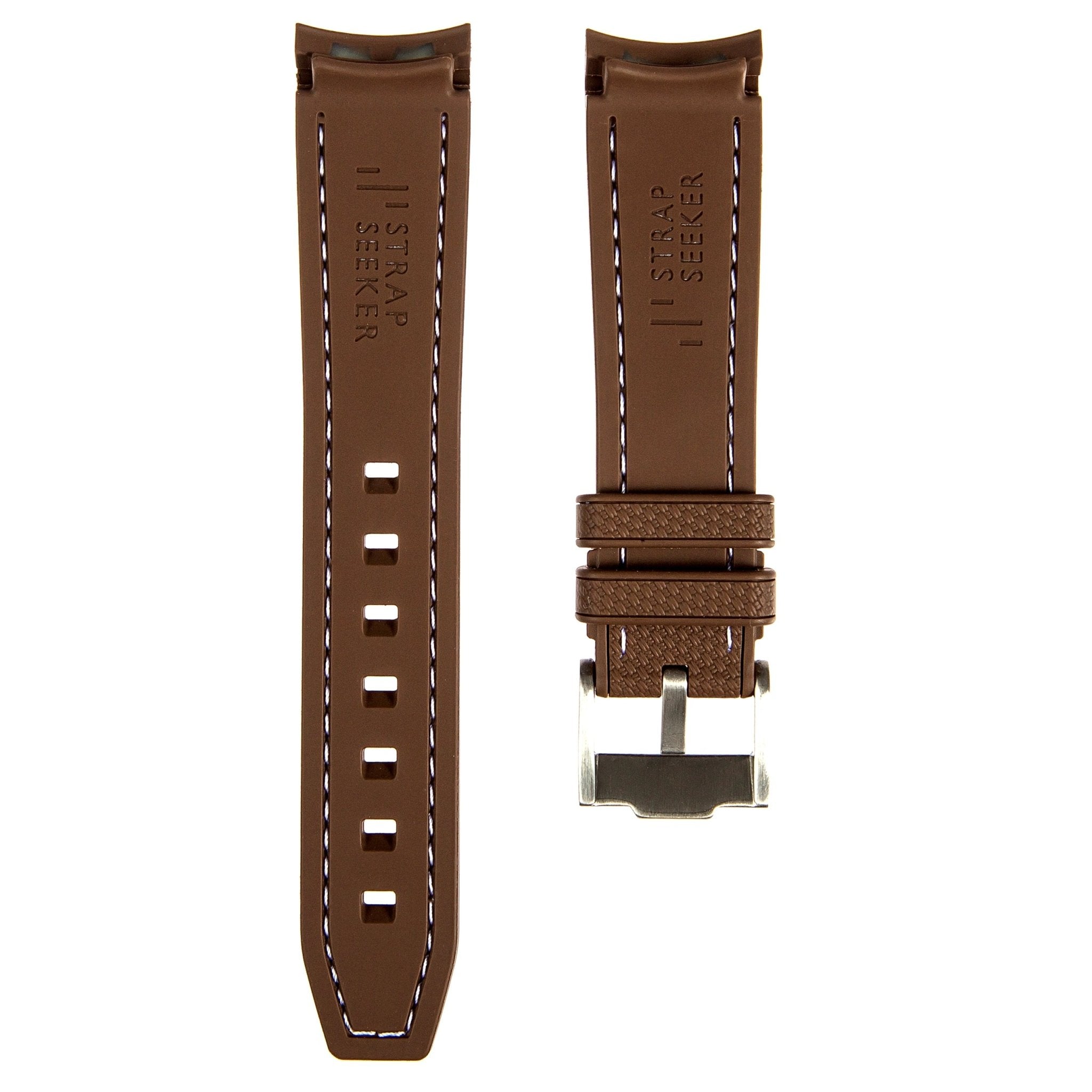 Textured Curved End Premium Silicone Strap – Compatible with Rolex Submariner – Brown with White Stitch (2405) -StrapSeeker