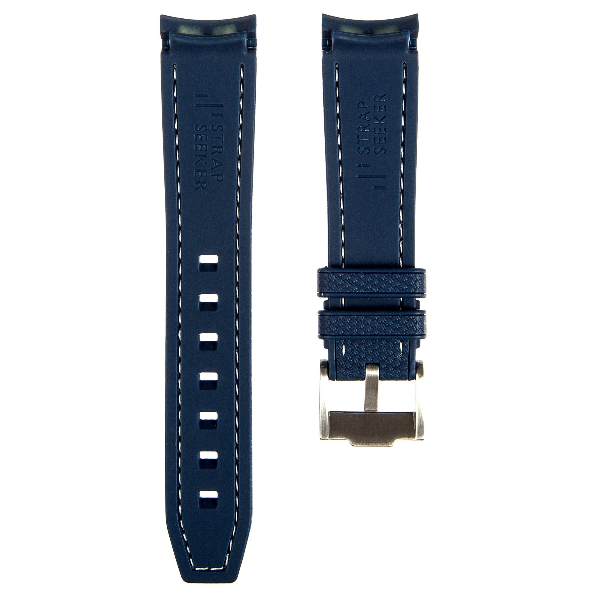 Textured Curved End Premium Silicone Strap – Compatible with Rolex Submariner – Navy with White Stitch (2405) -StrapSeeker