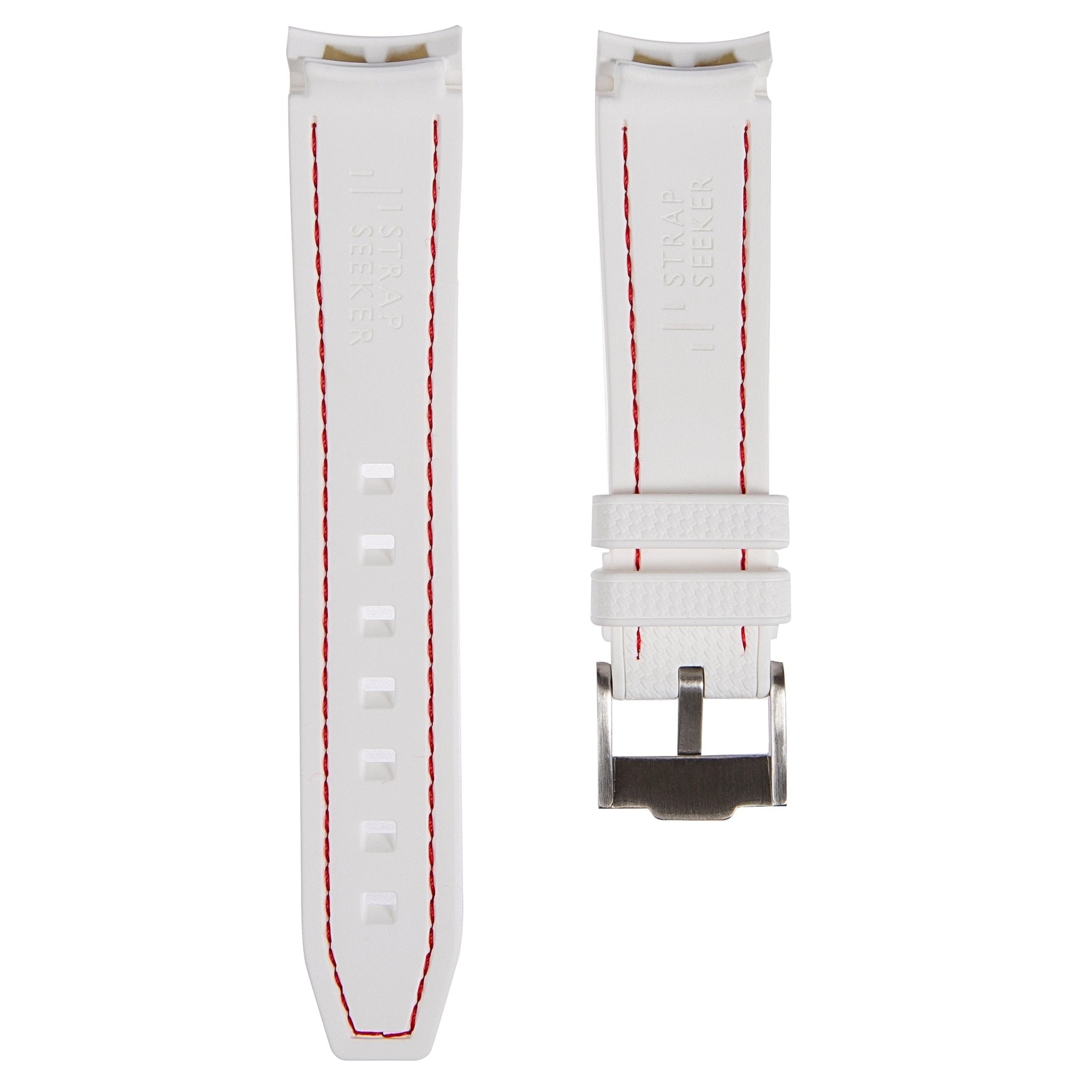 Textured Curved End Premium Silicone Strap – Compatible with Rolex Submariner – White with Red Stitch (2405) -StrapSeeker