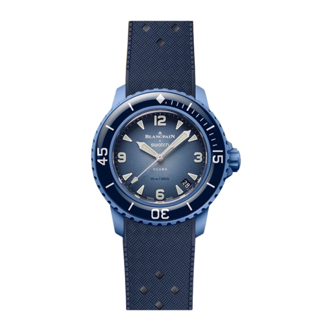 Vintage Tropical Curved End Premium Silicone Strap - Compatible with Blancpain x Swatch - Navy (2415) -StrapSeeker